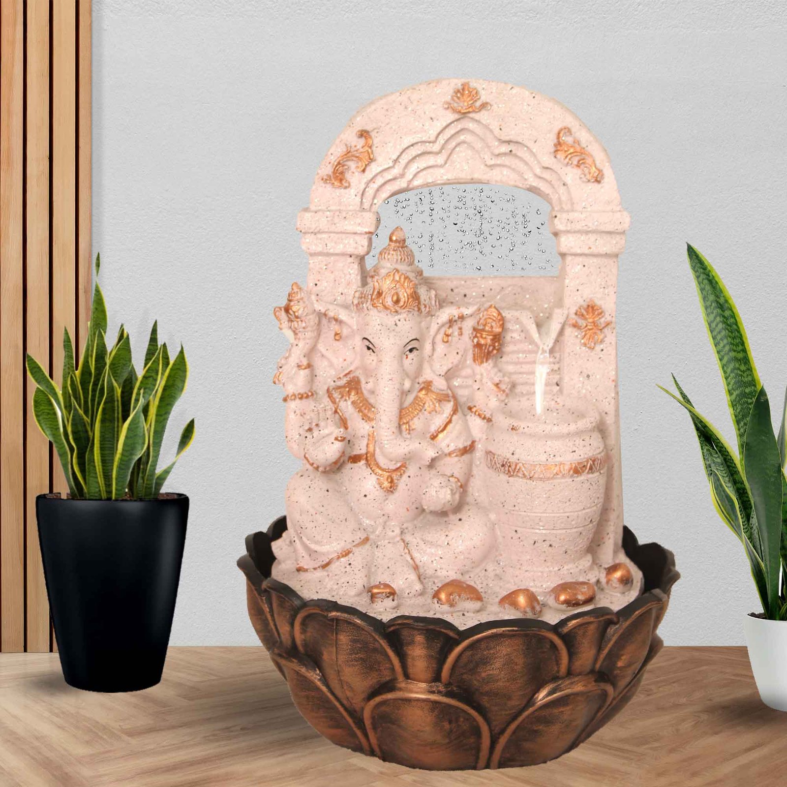 Blessing Ganesha with Shower corner waterfall home dcor Fountain With Led Light - sandstone Finish 41 cm G57GX0032PCDMX
