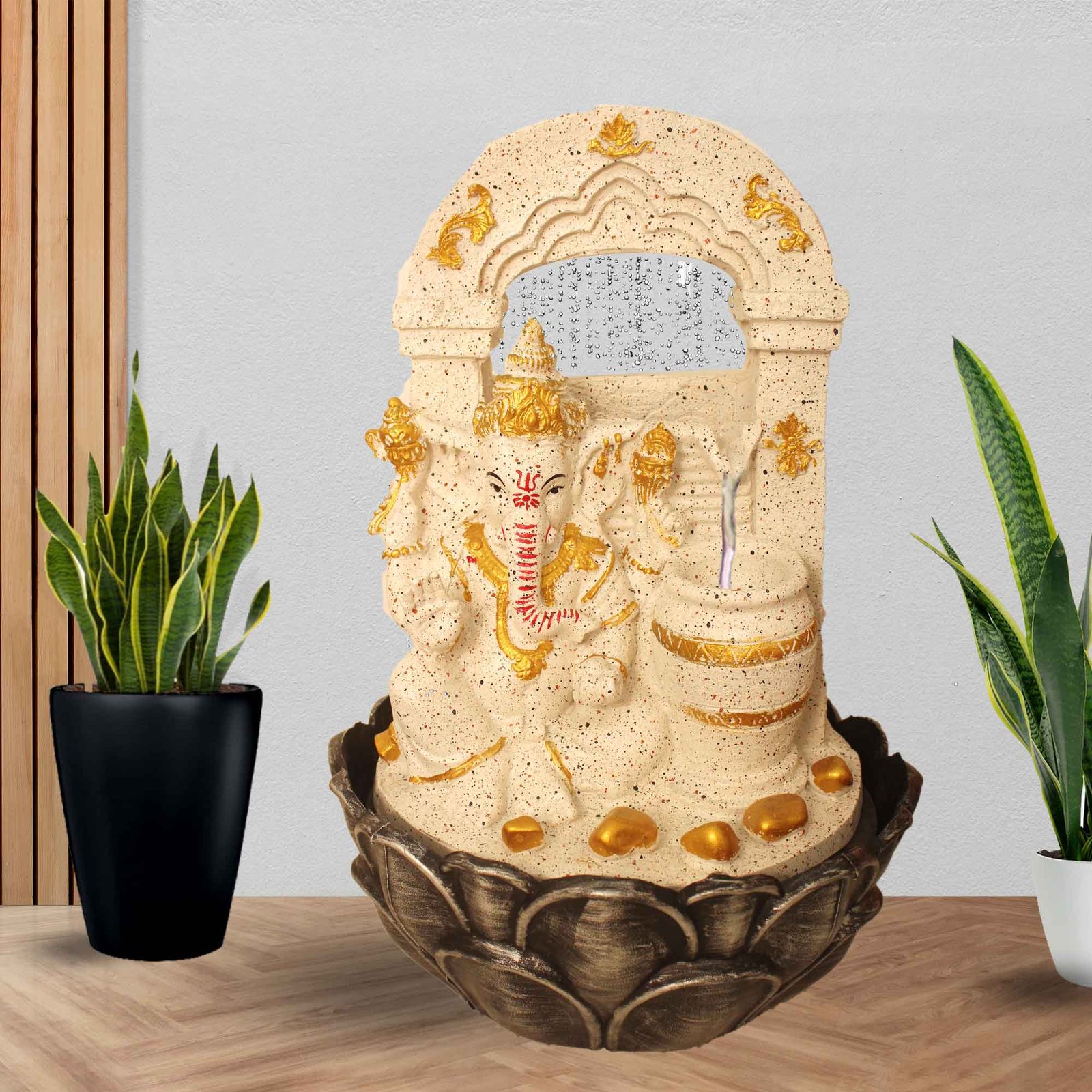 Blessing Ganesha with Shower Waterfall corner water fountain for home decor With Led Light - sandstone Finish 41 cm G57GX0032WGDMX