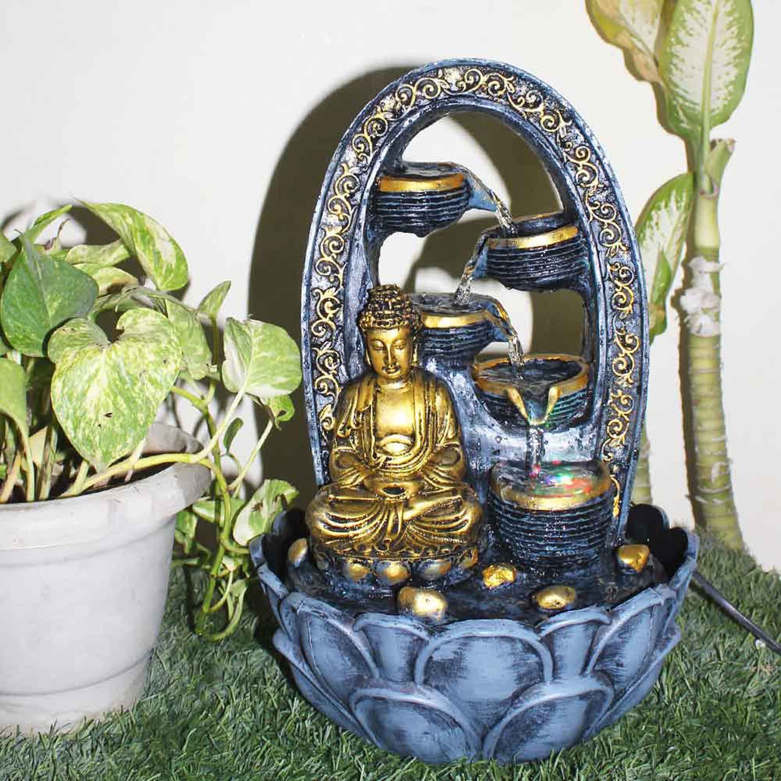 Magical Buddha fountain showpiece With Led Light - Metalic Antique Finish 41 cm G57GX0034FGAMX
