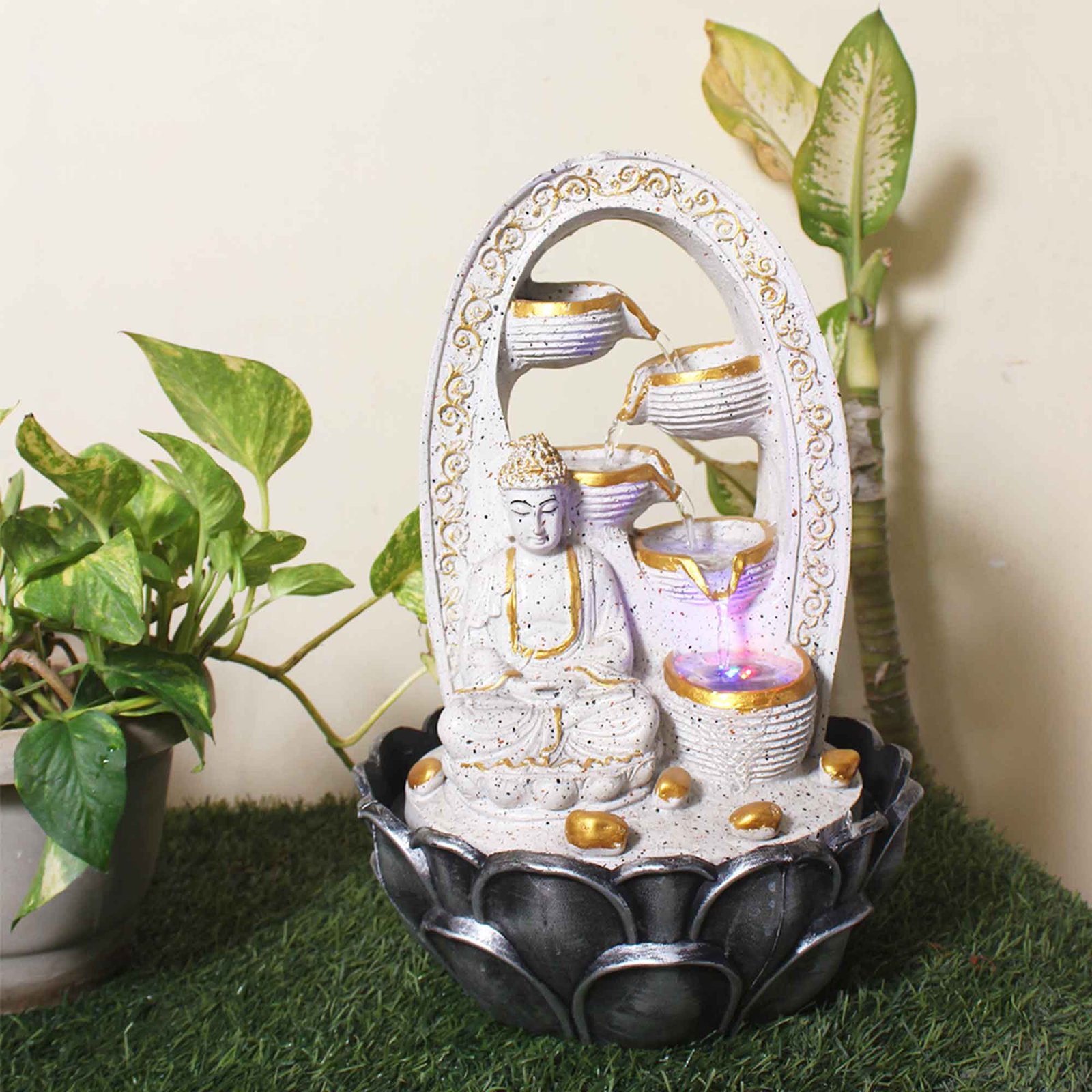 Magical Buddha Water fountain for home decor With Led Light - sandstone Finish 41 cm G57GX0034WGDMX