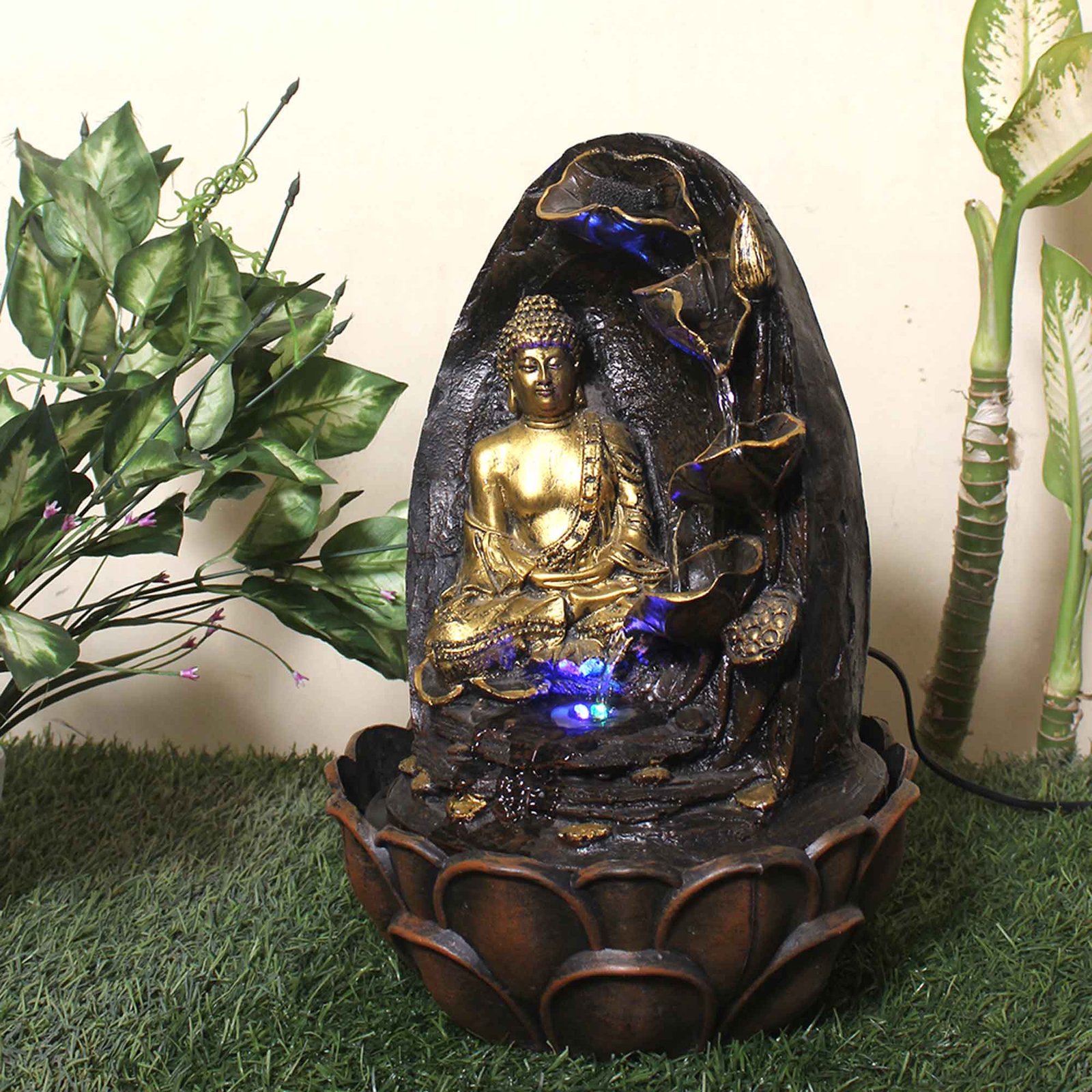 Modern Art Floral Buddha indoor water fountain for home With Led Light - Metalic Antique Finish 39 cm G57GX0036AGAMX
