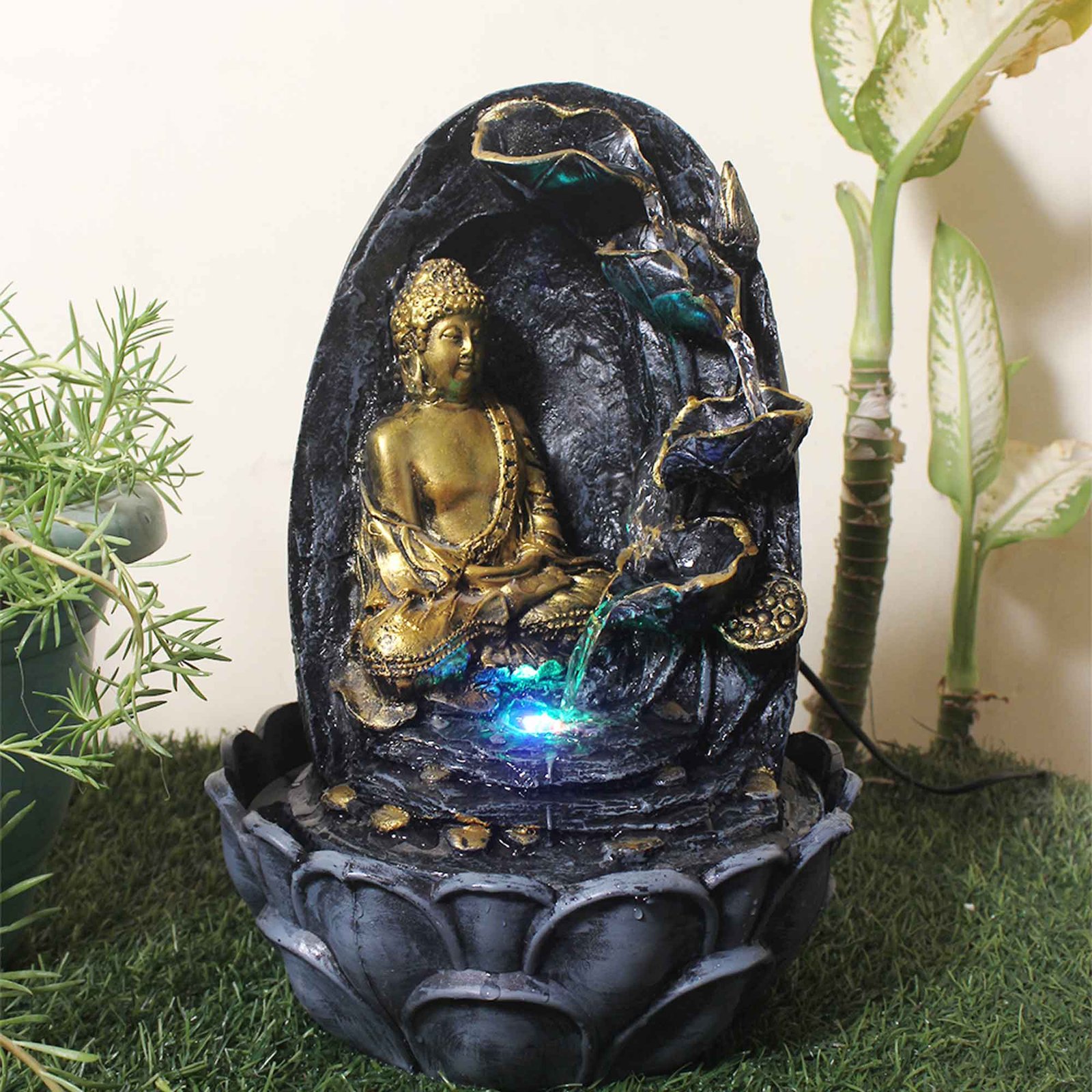 Modern Art Floral Buddha indoor water fountain for home decor With Led Light - Metalic Antique Finish 39 cm G57GX0036FGAMX