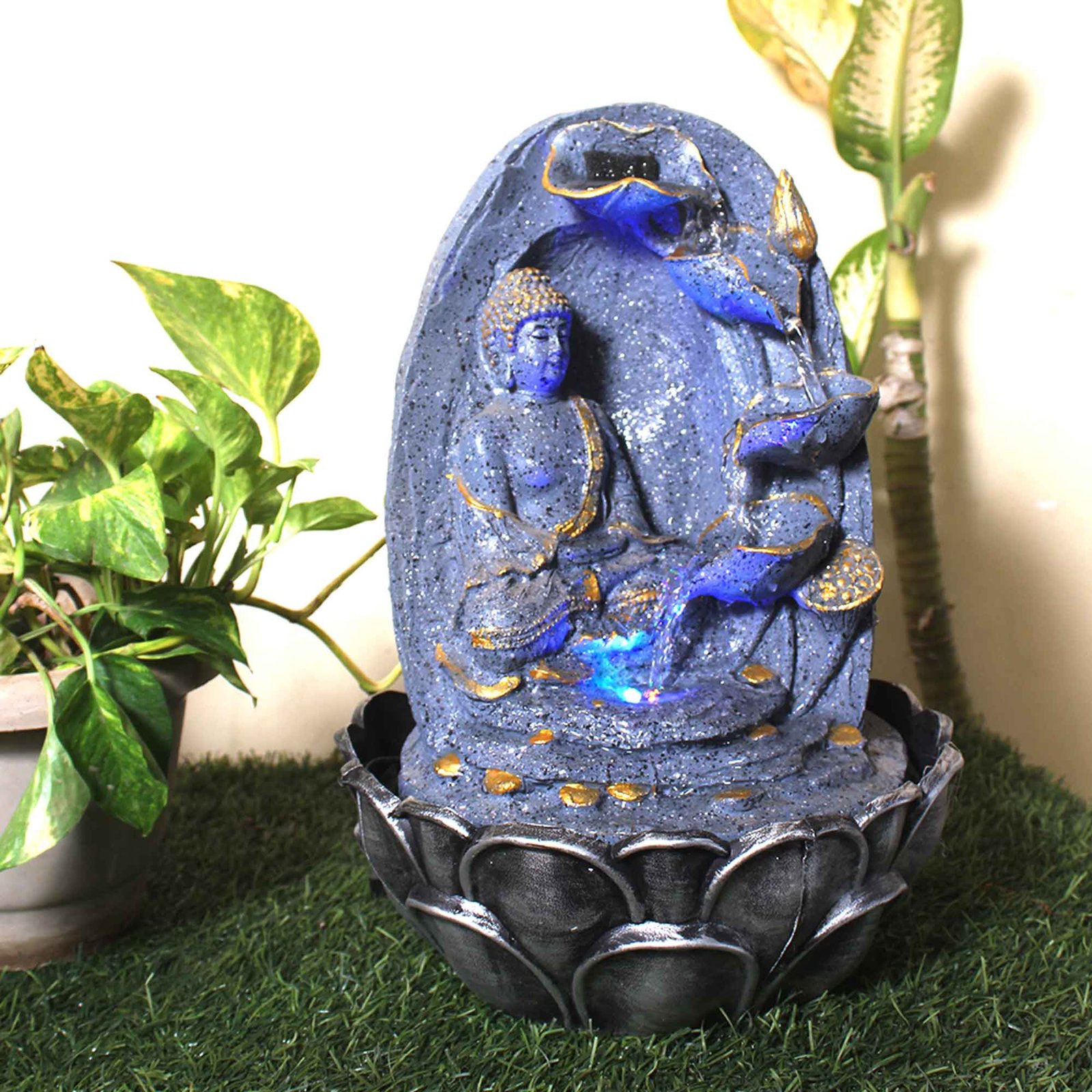 Modern Art Floral Buddha indoor water fountain With Led Light - sandstone Finish 39 cm G57GX0036FGDMX