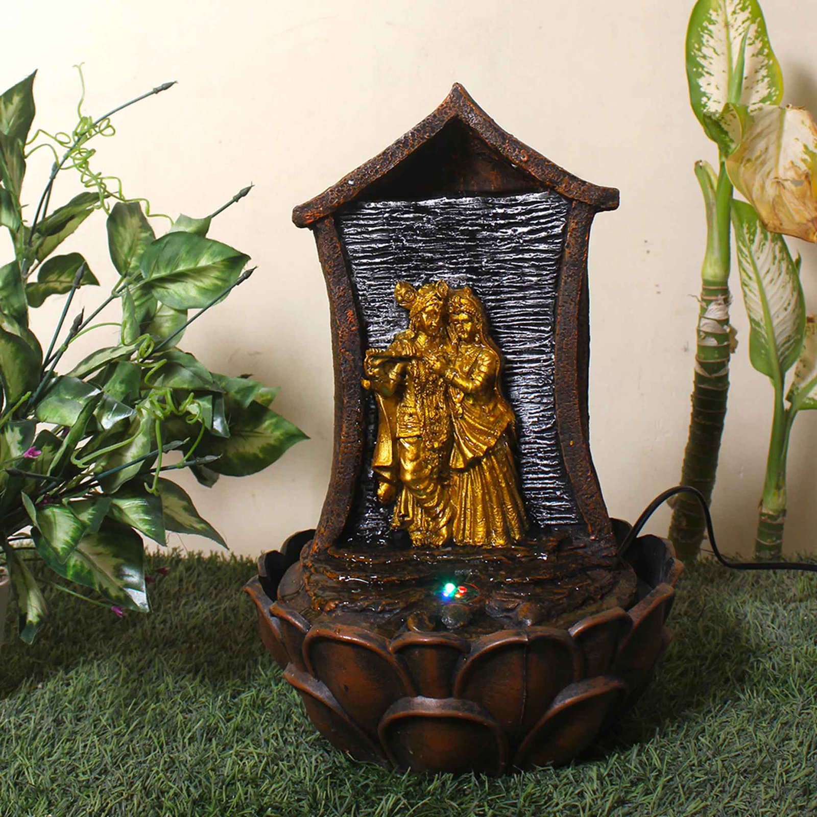 Radha Krishna Jharna Vastu Showpiece Waterfall Fountain for home With Led Light - Metalic Antique Finish 41 cm G57GX0038AGAMX
