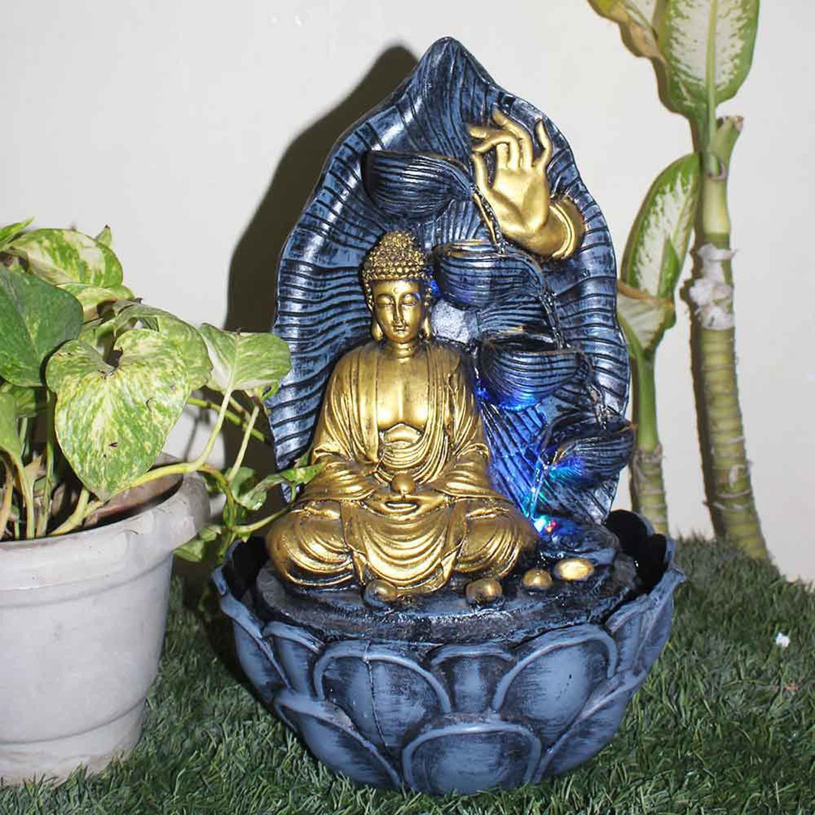 Leaf Buddha Vastu Showpiece water fountain for garden With Led Light - Metalic Antique Finish 42 cm G57GX0039FGAMX