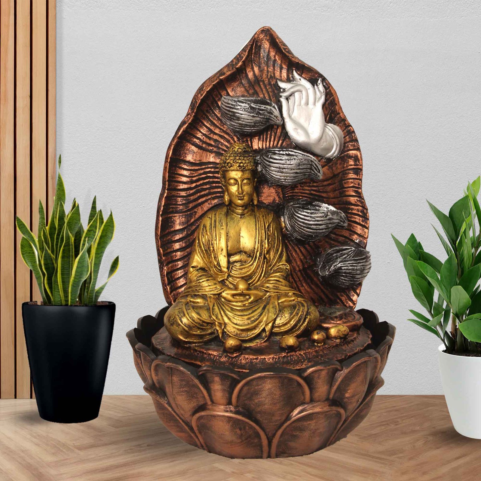 Leaf Buddha Vastu Showpiece water fountain for home With Led Light - Metalic Antique Finish 42 cm G57GX0039MGAMX