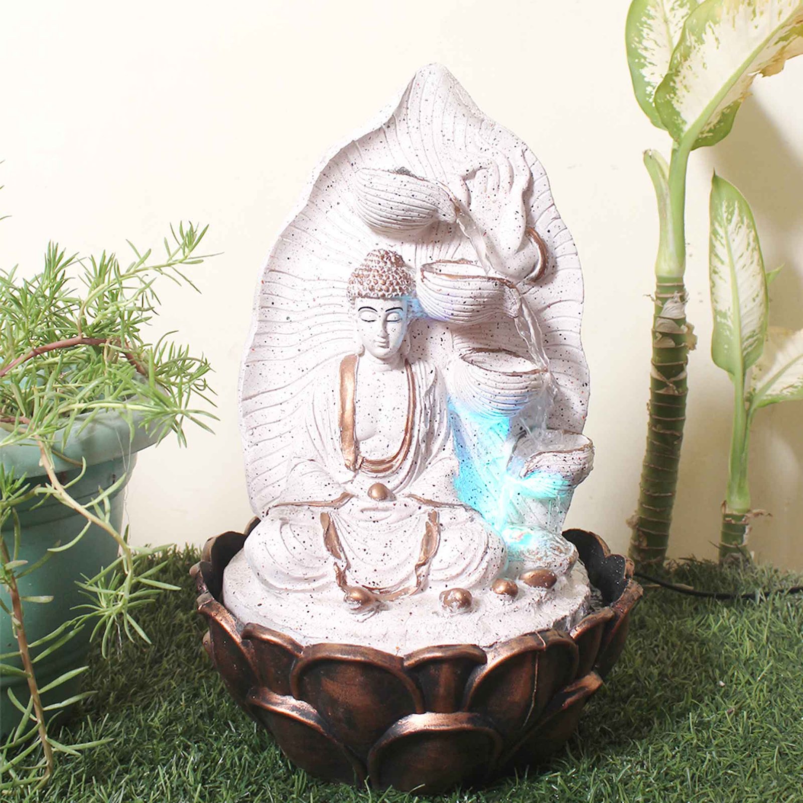 Leaf Buddha Vastu Showpiece water fountain With Led Light - sandstone Finish 42 cm G57GX0039PCDMX