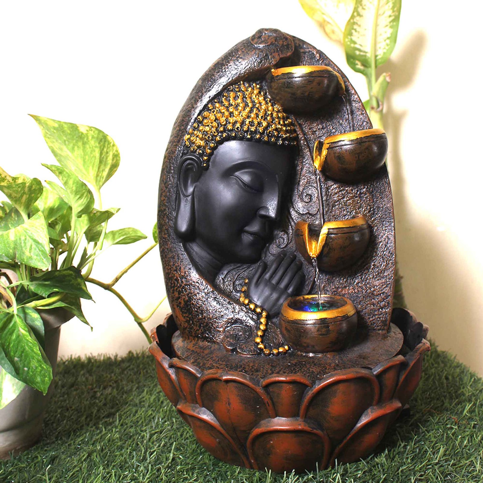 Buddha Face with Diyas showpiece water fountain With Led Light - Metalic Antique Finish 41 cm G57GX0040AGAMX