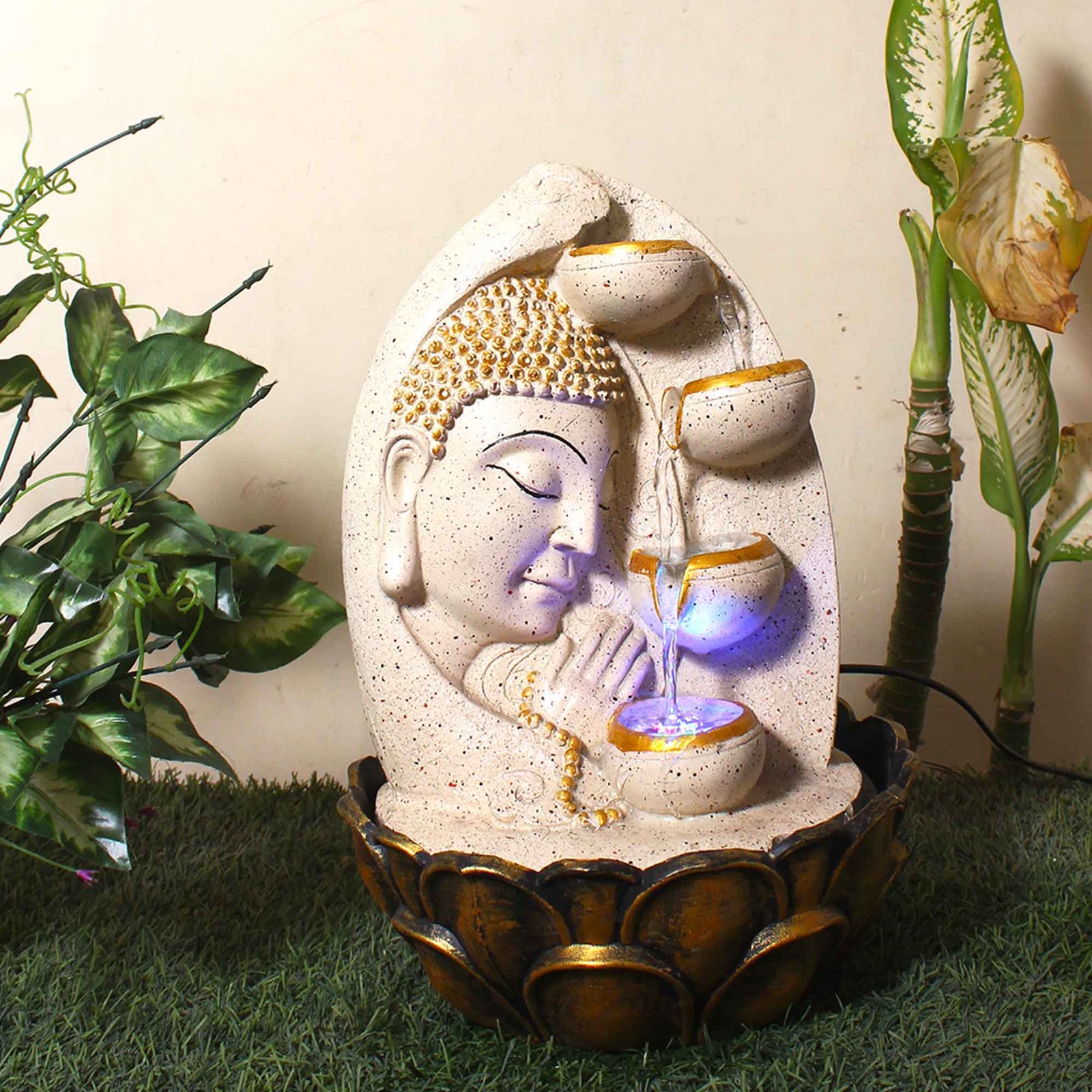 Buddha Face with Diyas modern water fountain With Led Light - sandstone Finish 41 cm G57GX0040IGDMX