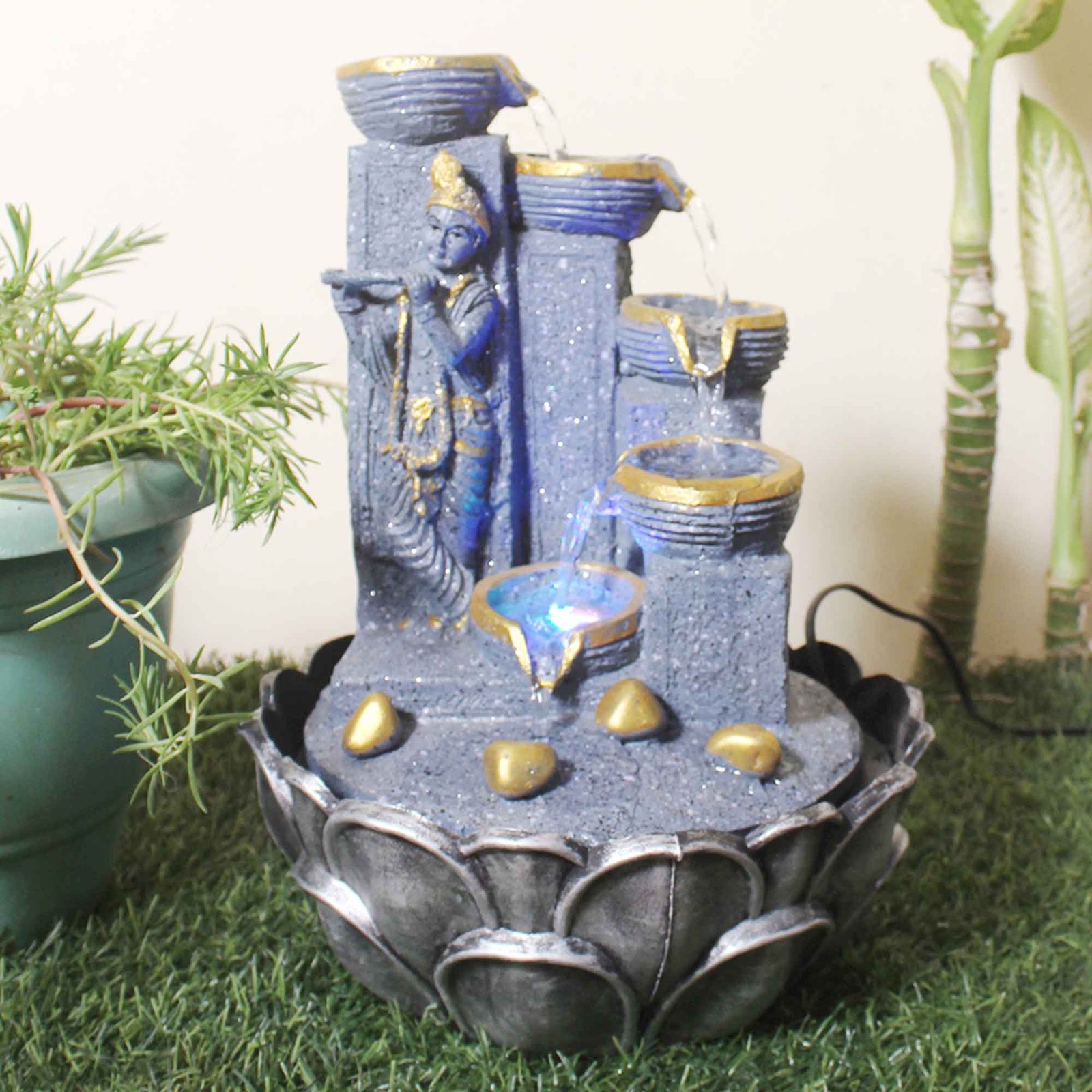 God Krishna Home Decor Showpiece fountain in living room With Led Light - sandstone Finish 36 cm G57GX0041FGDMX