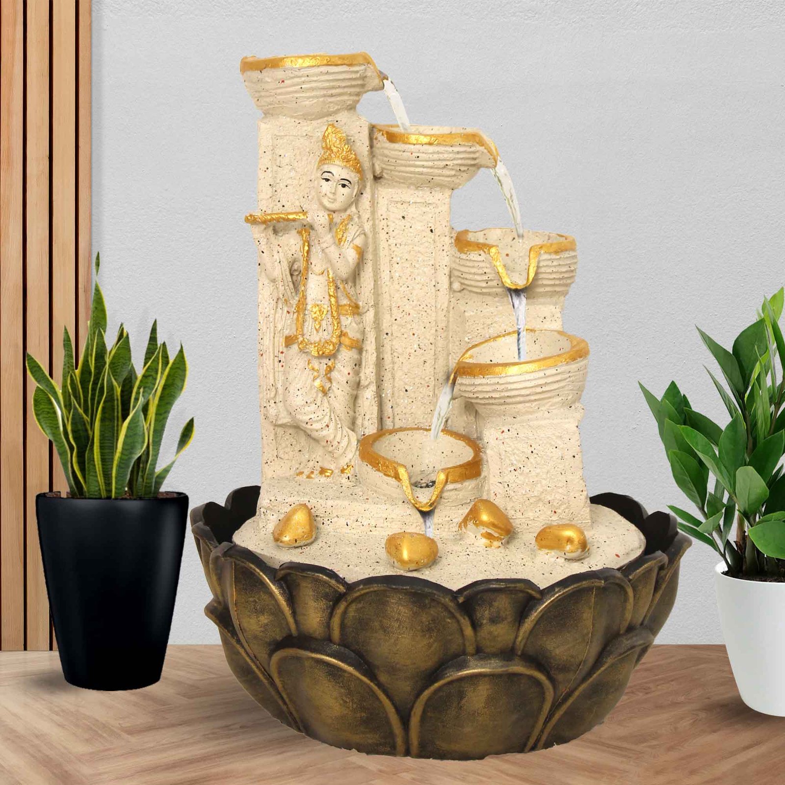 Lord Kanha Home Decor Showpiece fountain in front of house With Led Light - sandstone Finish 36 cm G57GX0041IGDMX