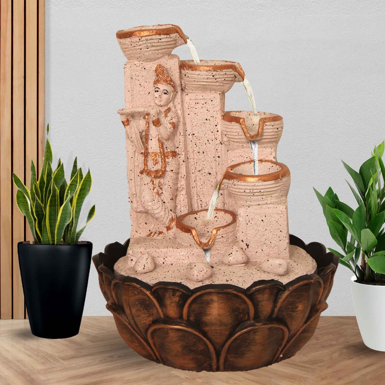 Lord Krishna Home Decor Showpiece fountain for home garden With Led Light - sandstone Finish 36 cm G57GX0041PCDMX