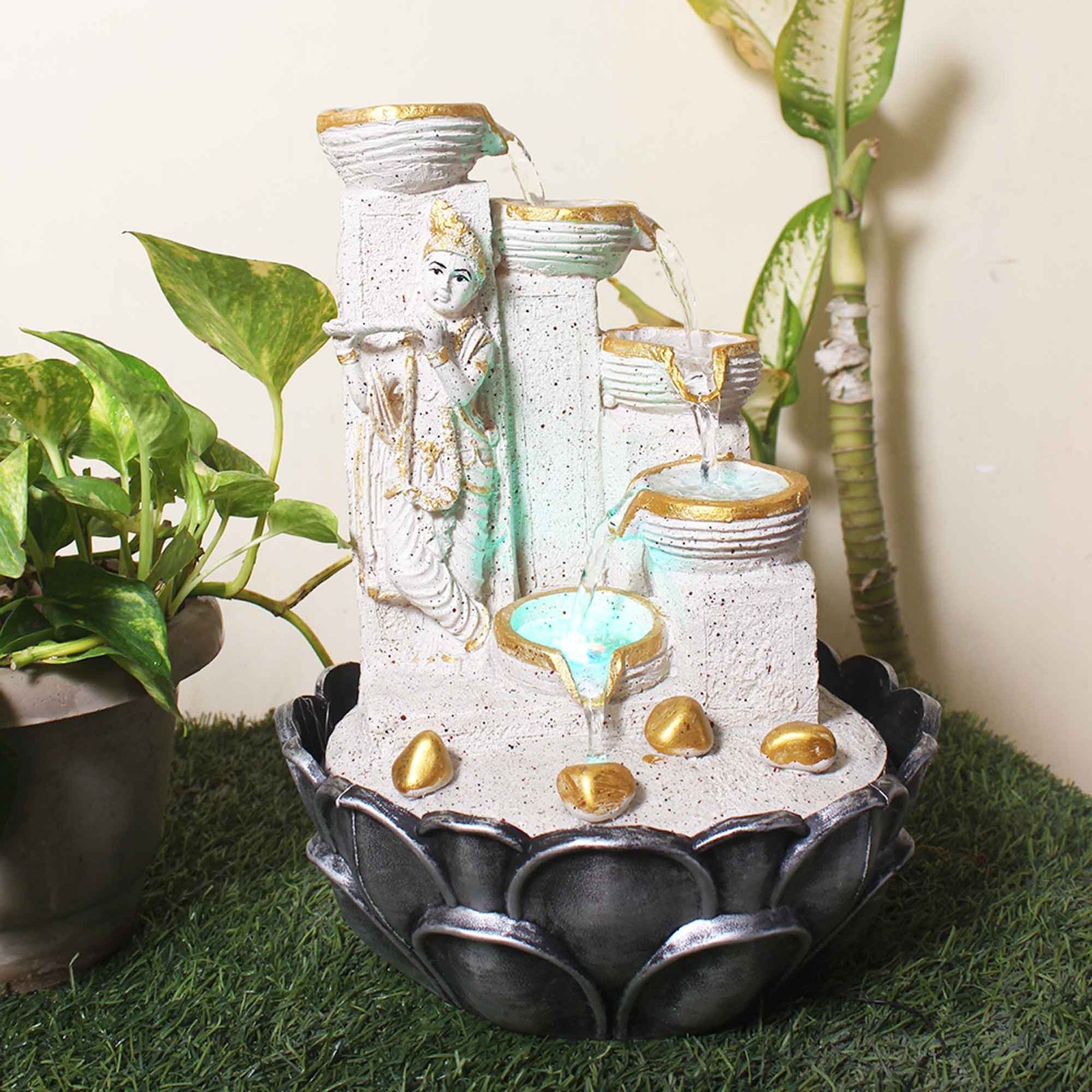 Lord Krishna Home Decor Showpiece fountain for home With Led Light - sandstone Finish 36 cm G57GX0041WGDMX
