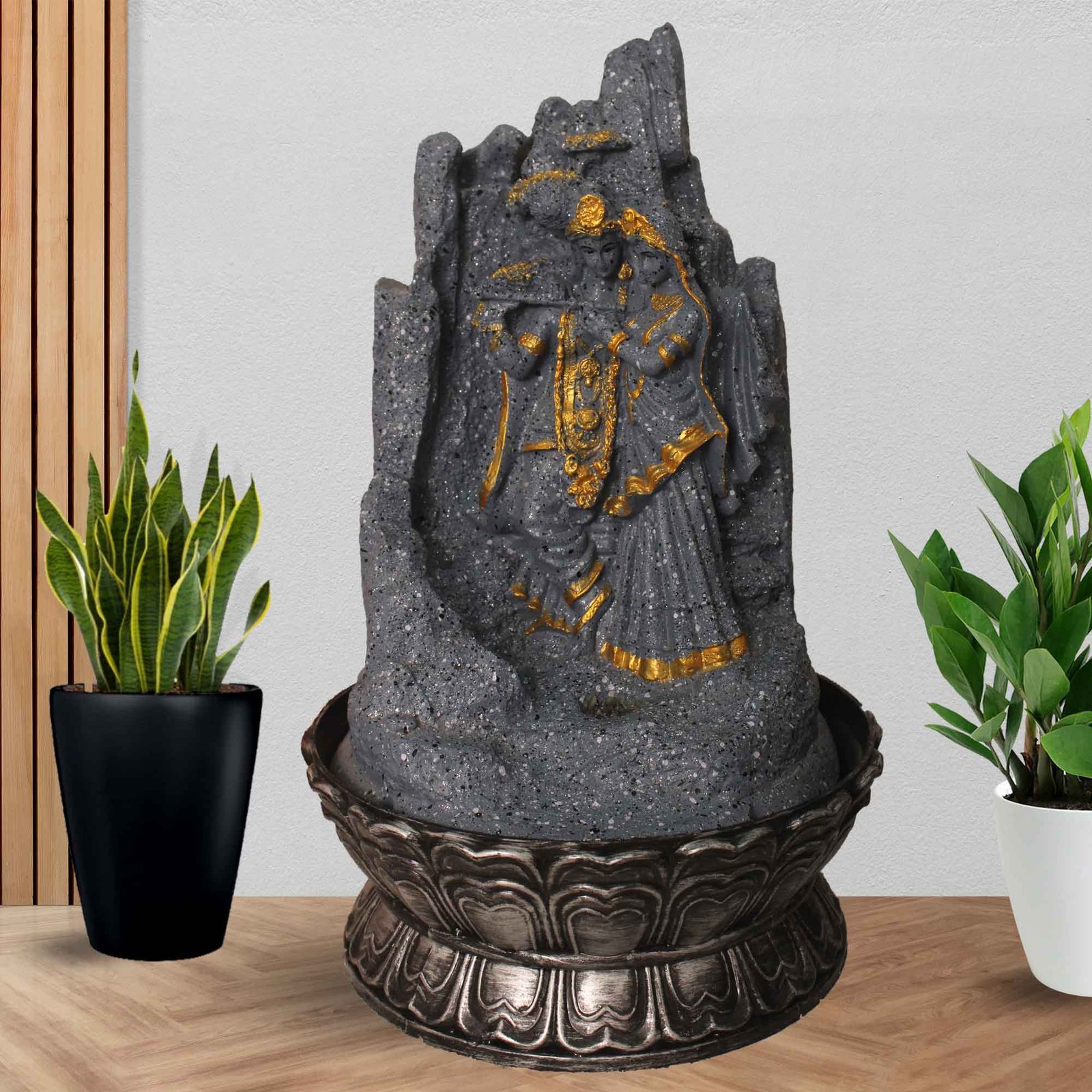 Radha Krishna Home Decor Showpiece tabletop water fountain for home With Led Light - sandstone Finish 42 cm G57GX0042FGDMX