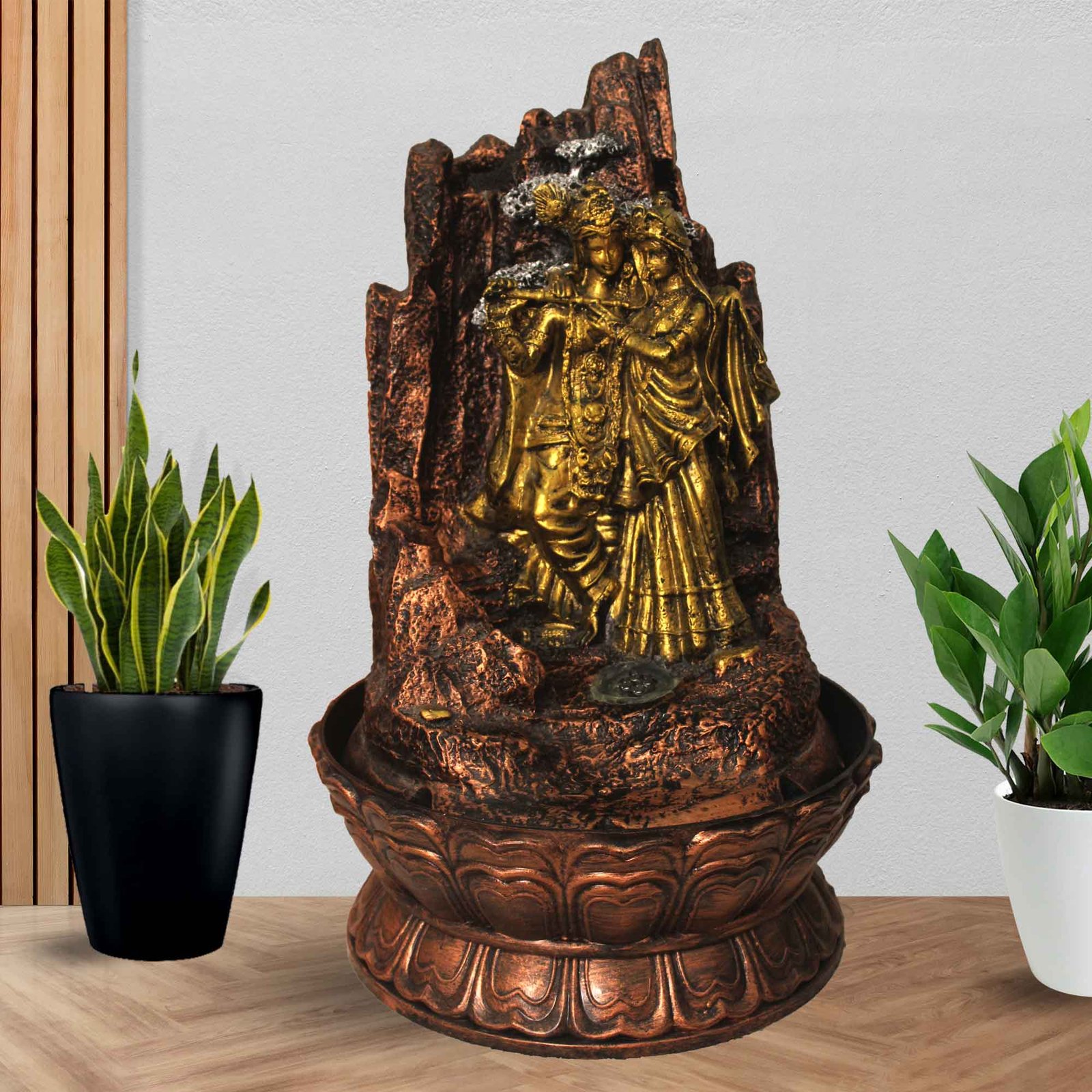 Radha Krishna Home Decor Showpiece water fountain for garden With Led Light - Metalic Antique Finish 42 cm G57GX0042MGAMX