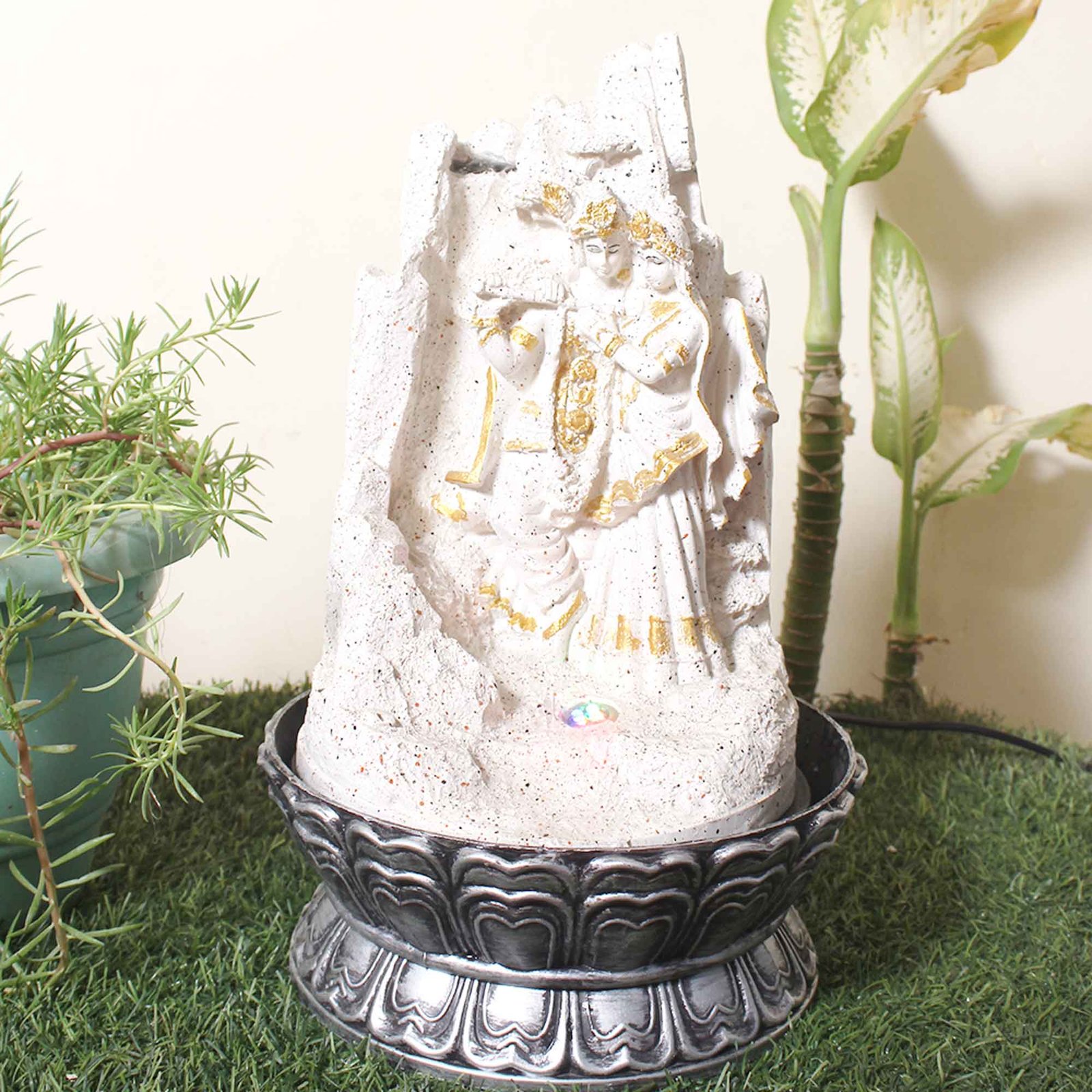 Radha Krishna Home Decor Showpiece water fountain With Led Light - sandstone Finish 42 cm G57GX0042WGDMX