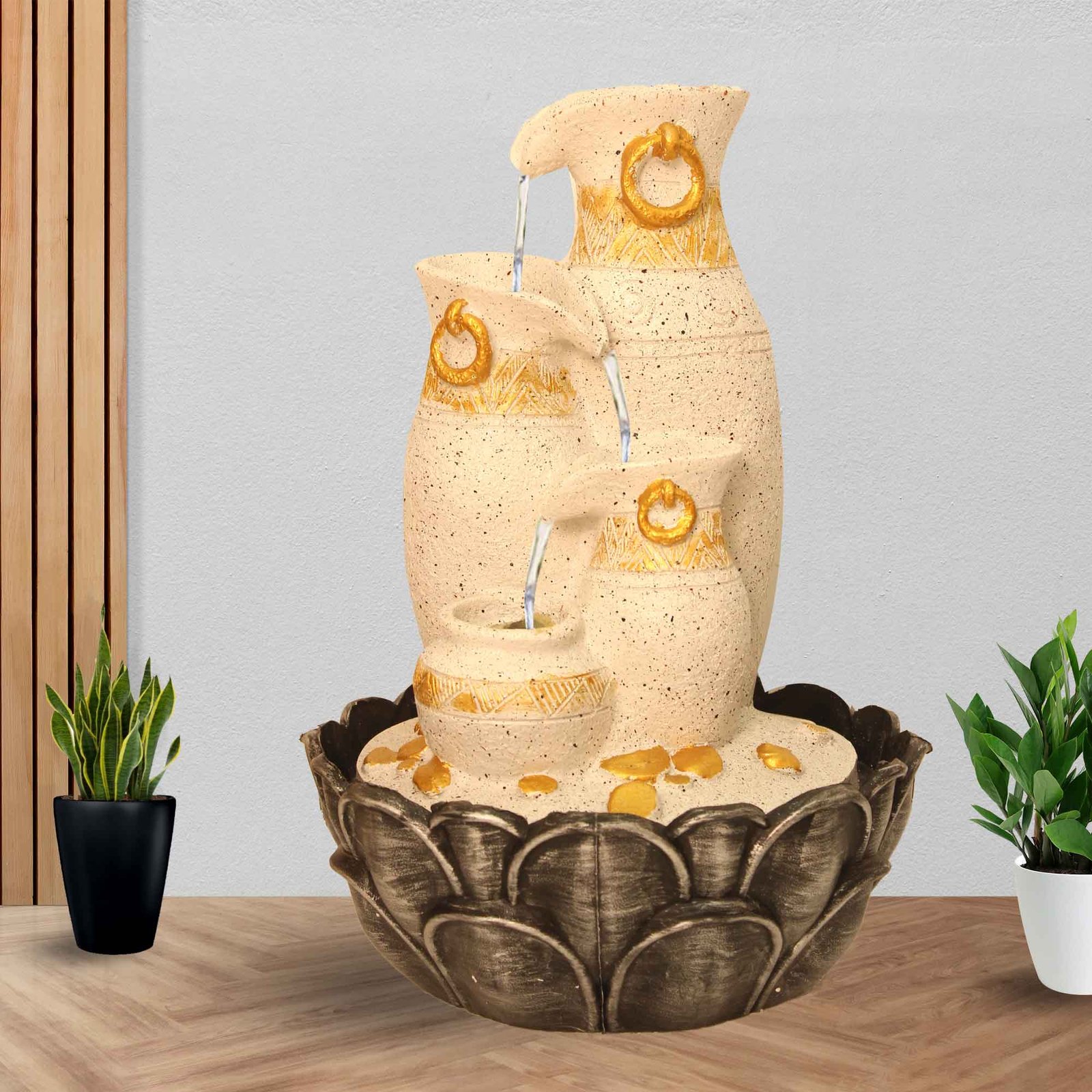 Modern Art Decorative Surahi Home Decor Showpiece water fountain for home With Led Light - sandstone Finish 39 cm G57GX0043WGDMX