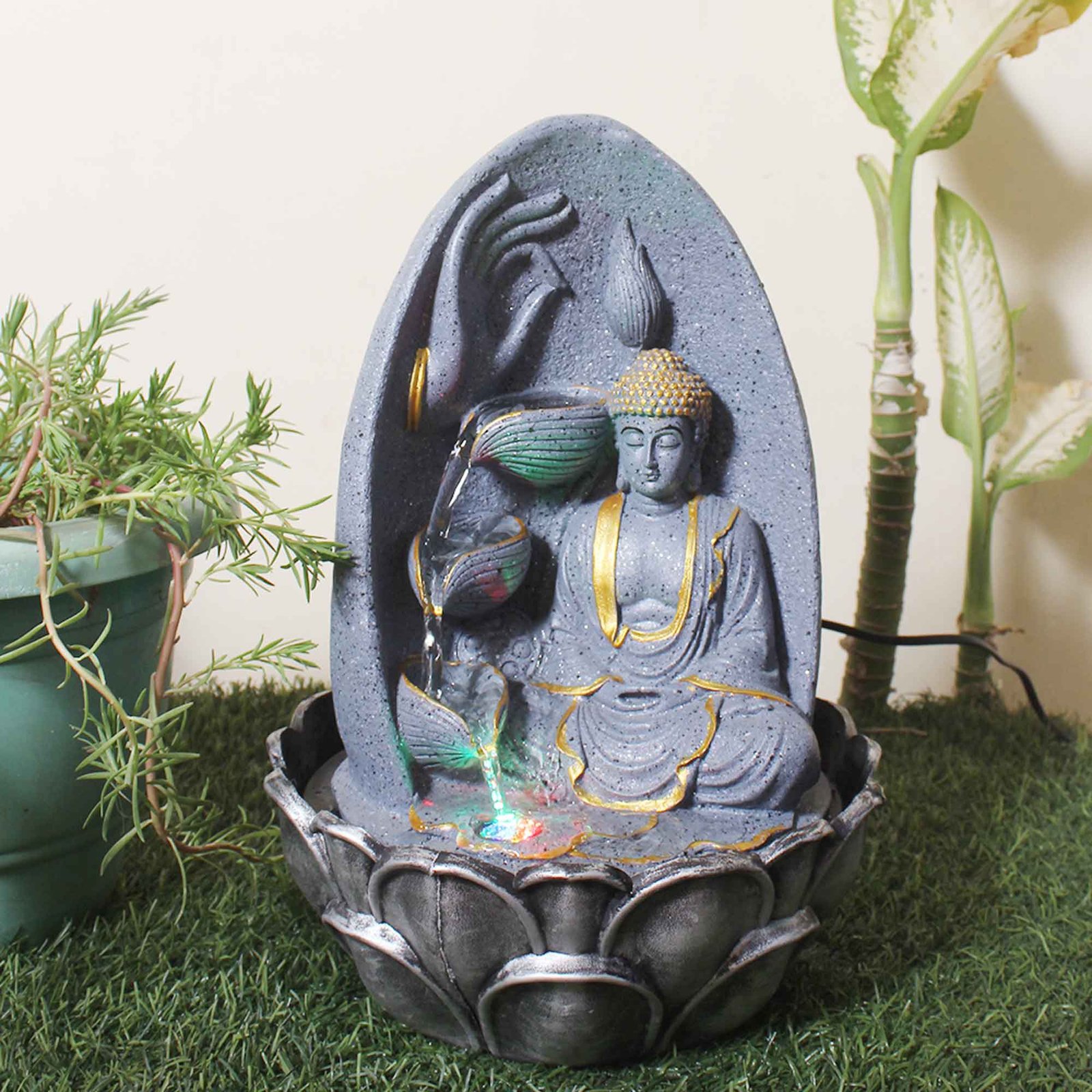 Marble Dust Buddha tabletop water fountain With Led Light - sandstone Finish 38 cm G57GX0044FGDMX