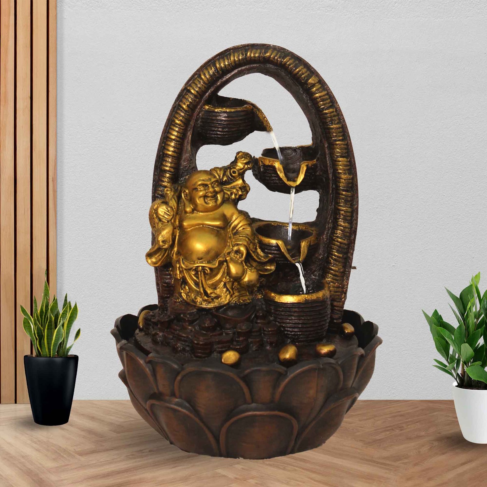 Handicraft Laughing Buddha water fountain for home indoor With Led Light - Metalic Antique Finish 41 cm G57GX0045AGAMX