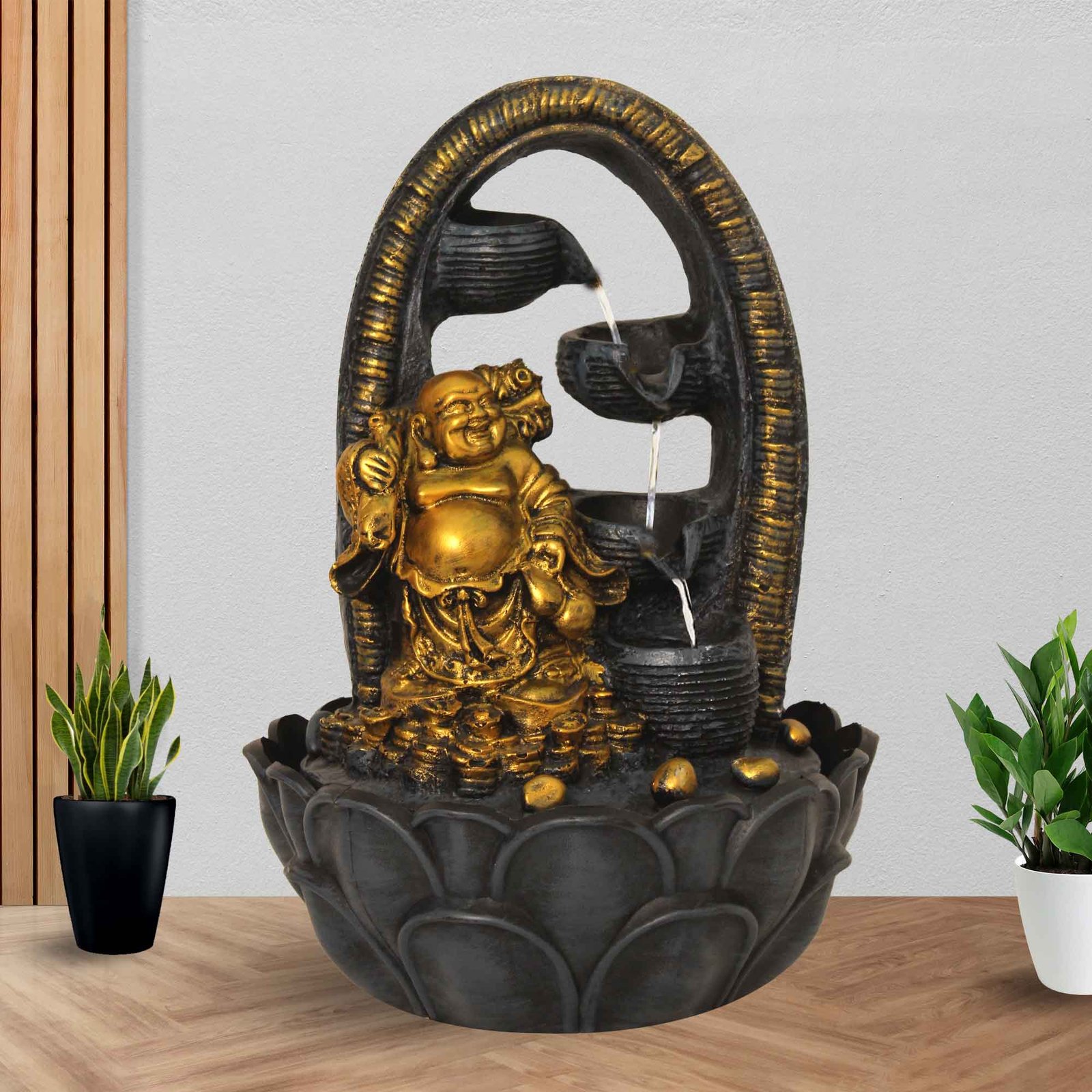 Handicraft Laughing Buddha water fountain for home indoor With Led Light - Metalic Antique Finish 41 cm G57GX0045FGAMX
