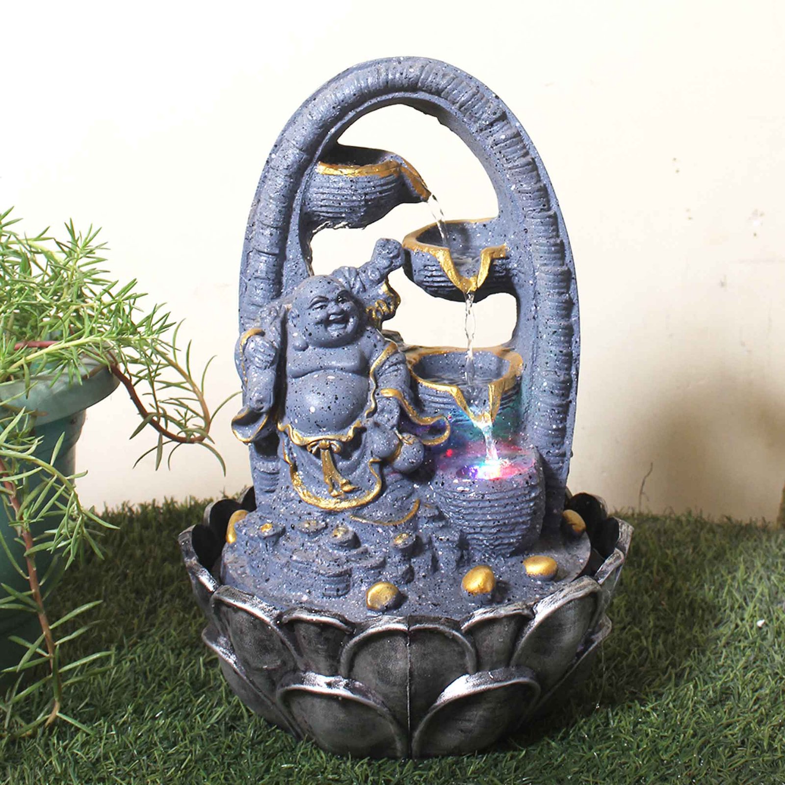 Laughing Buddha water fountain for home With Led Light - sandstone Finish 41 cm G57GX0045FGDMX