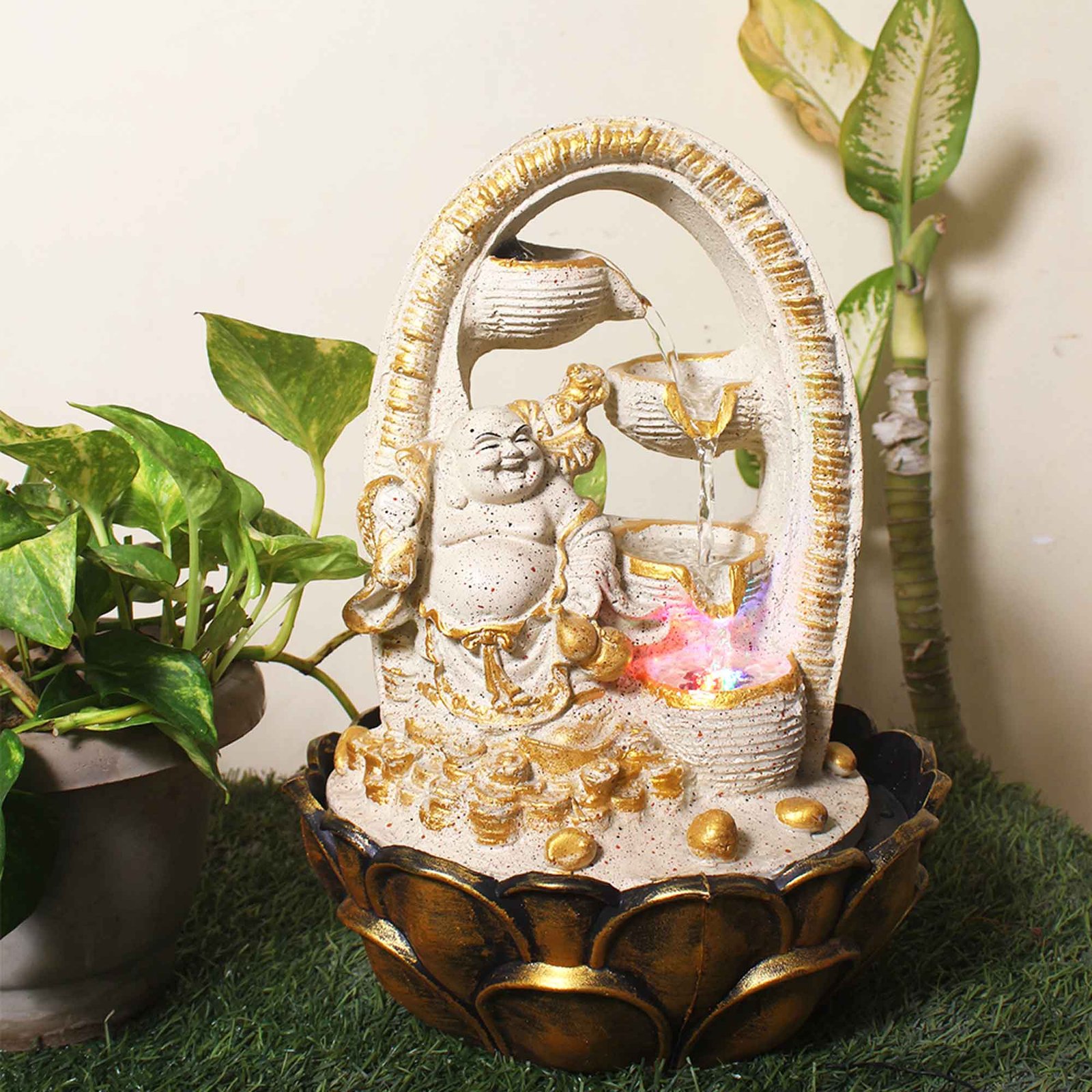 Laughing Buddha Vastu Showpiece water fountain With Led Light - sandstone Finish 41 cm G57GX0045IGDMX