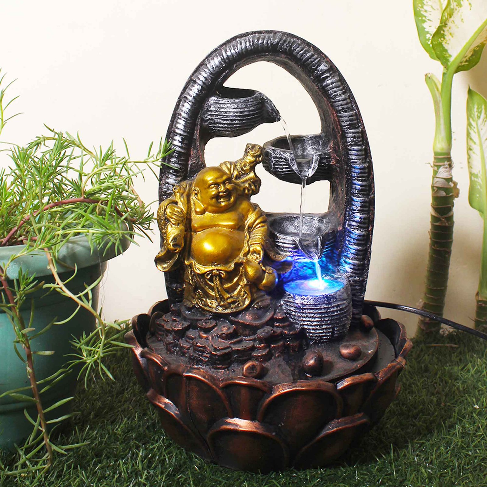Handicraft Laughing Buddha water fountain for home small size With Led Light - Metalic Antique Finish 41 cm G57GX0045MGAMX