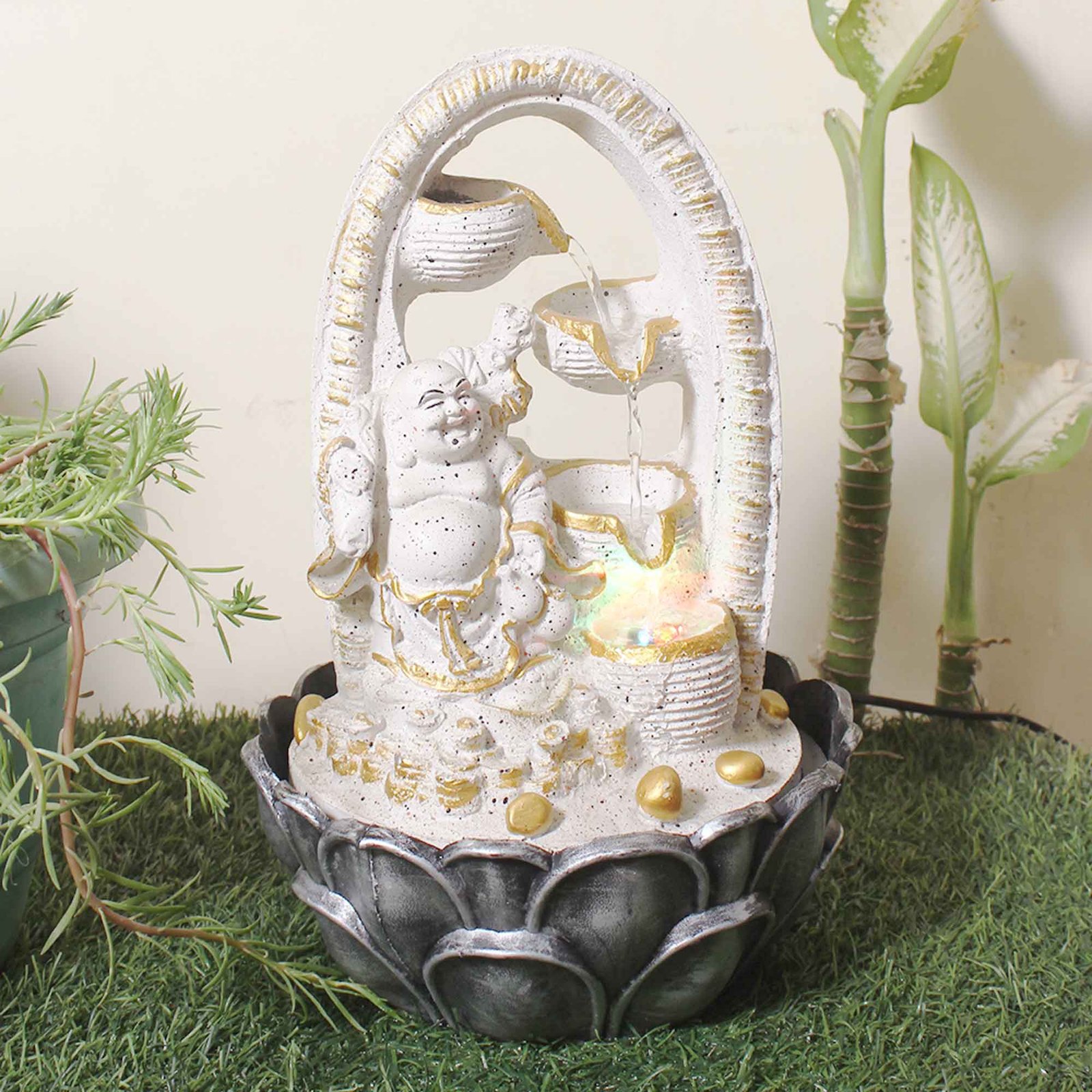 Laughing Buddha unique tabletop fountain With Led Light - sandstone Finish 41 cm G57GX0045WGDMX