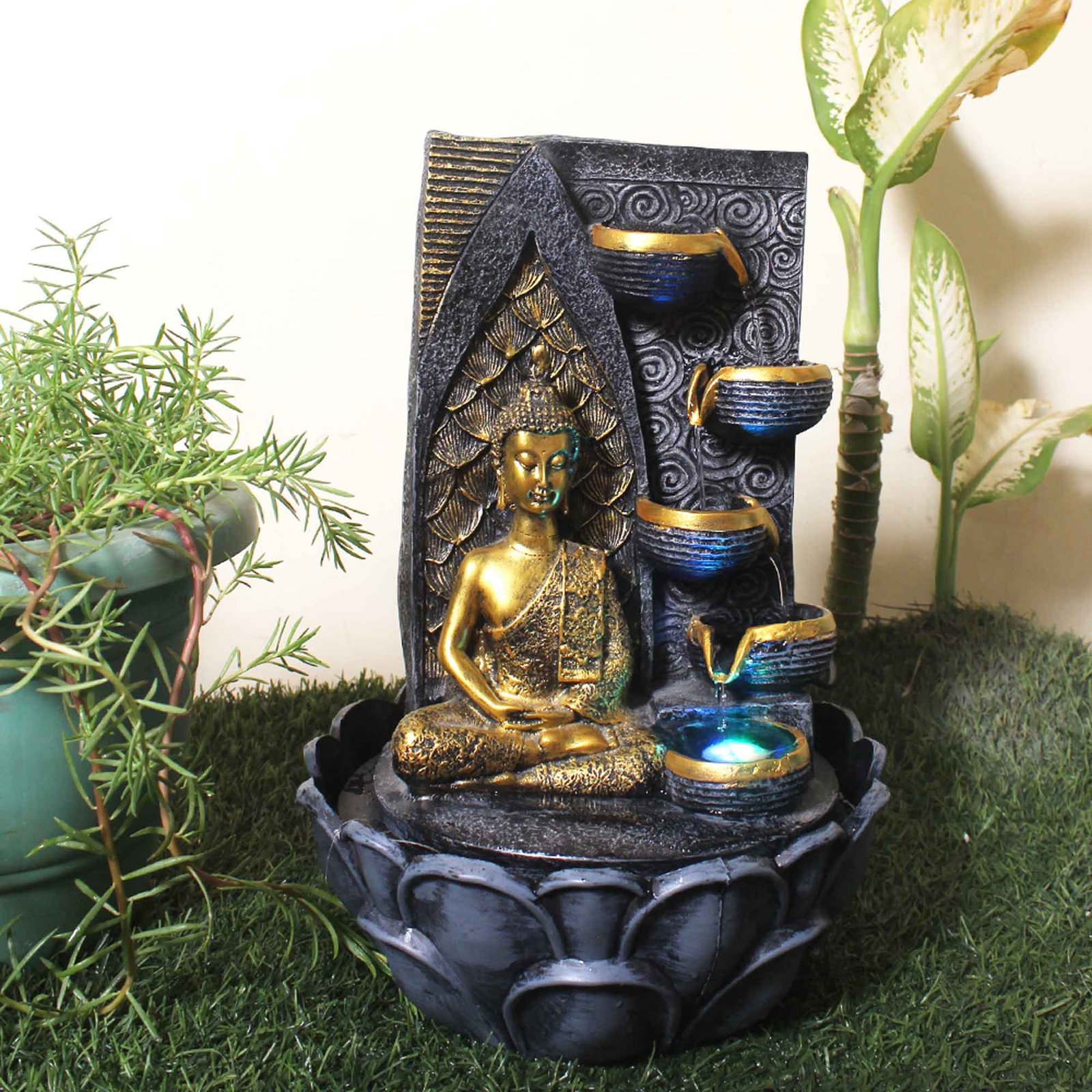 Polyresin Buddha water fountain for office With Led Light - Metalic Antique Finish 38 cm G57GX0046FGAMX