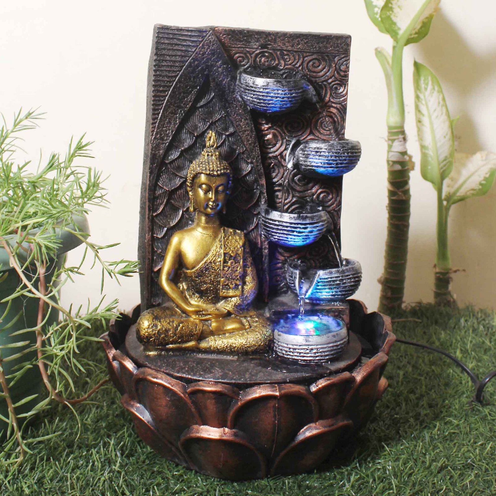 Polyresin Buddha water fountain home decor With Led Light - Metalic Antique Finish 38 cm G57GX0046MGAMX