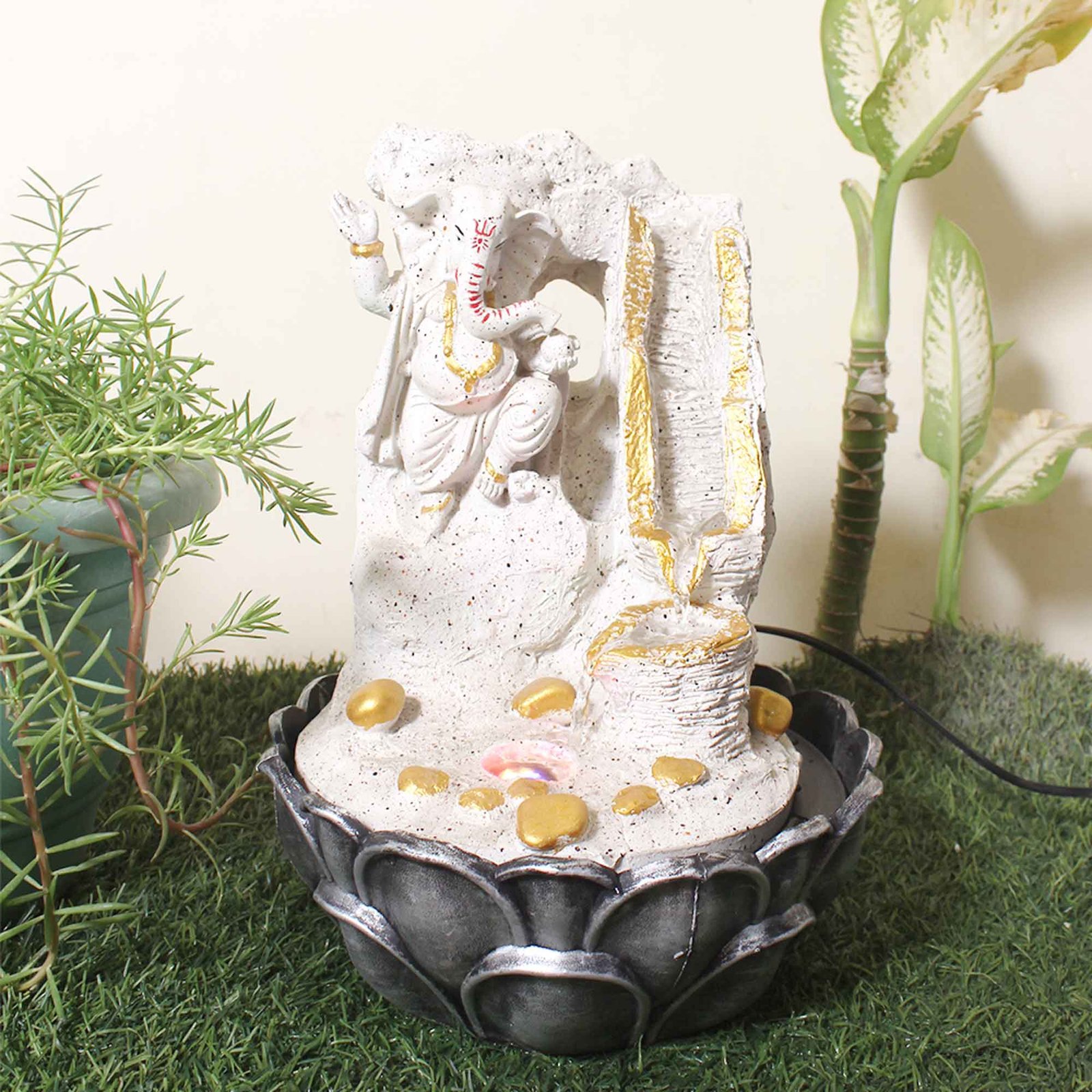 Dancing Ganesha water fountain indoor decor With Led Light - sandstone Finish 37 cm G57GX0047WGDMX
