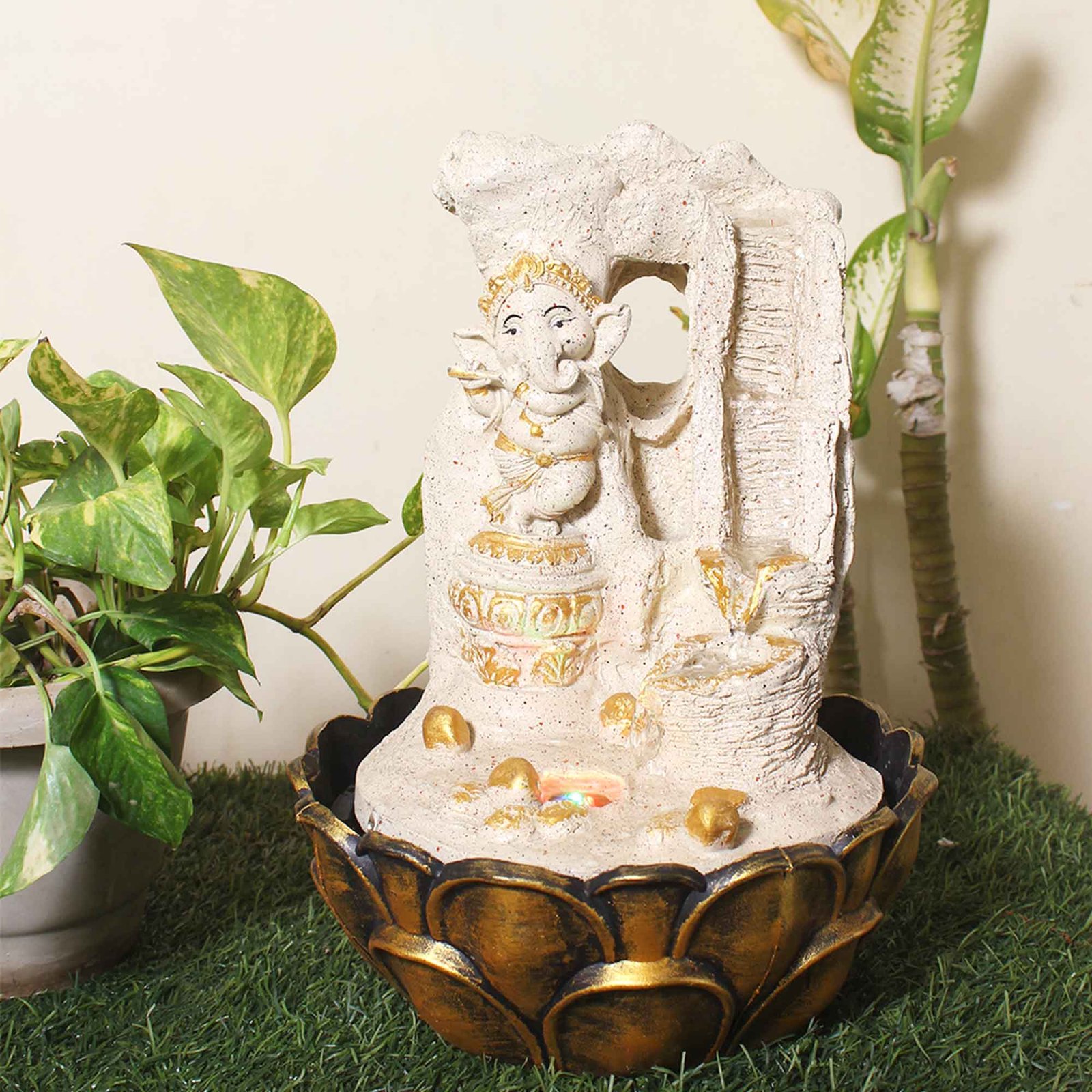 Dancing Ganesha waterfall for home decoration With Led Light - sandstone Finish 38 cm G57GX0048IGDMX