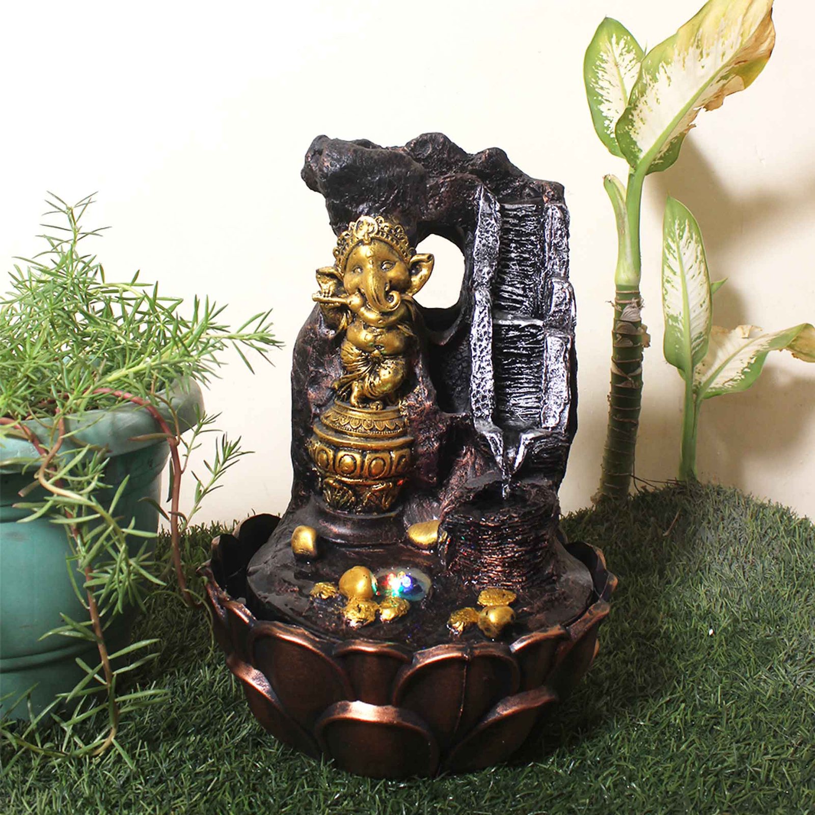 Dancing Ganesha waterfall indoor fountain With Led Light - Metalic Antique Finish 38 cm G57GX0048MGAMX