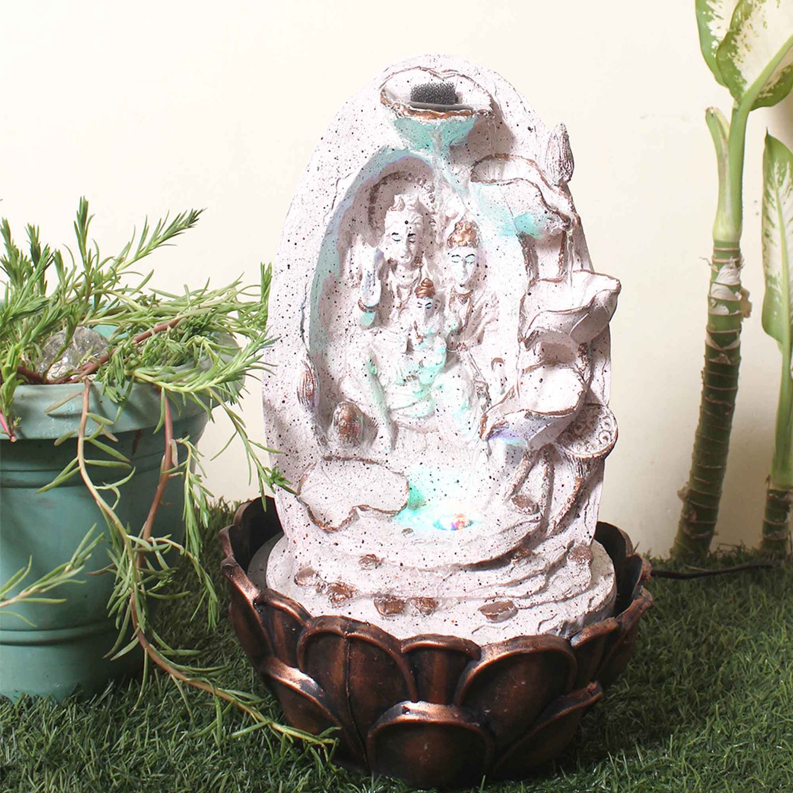 Shiv Pariwar waterfall showpiece for home With Led Light - sandstone Finish 39 cm G57GX0049PCDMX