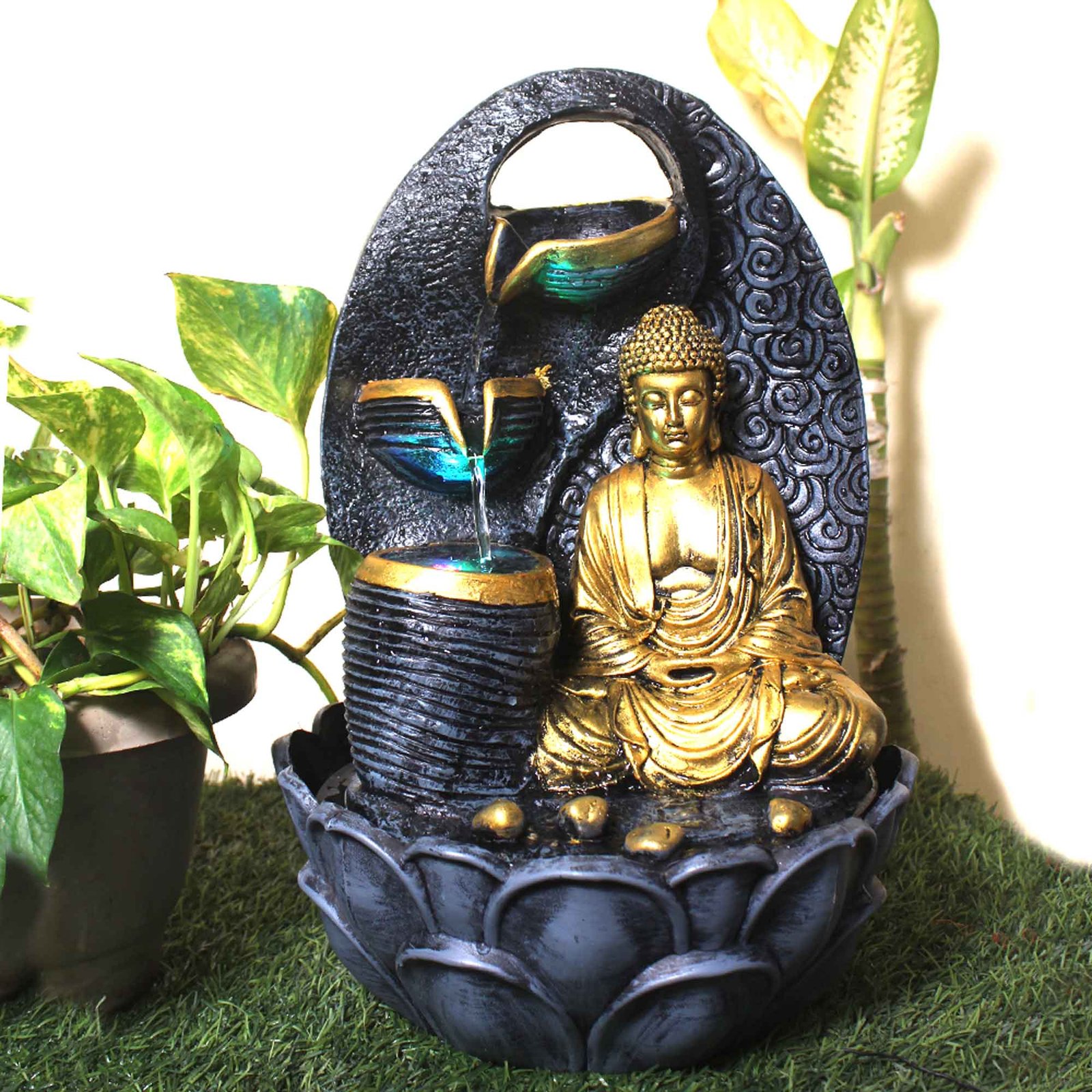 Mahatma Buddh corner water fountain for home decor With Led Light - Metalic Antique Finish 41 cm G57GX0050FGAMX
