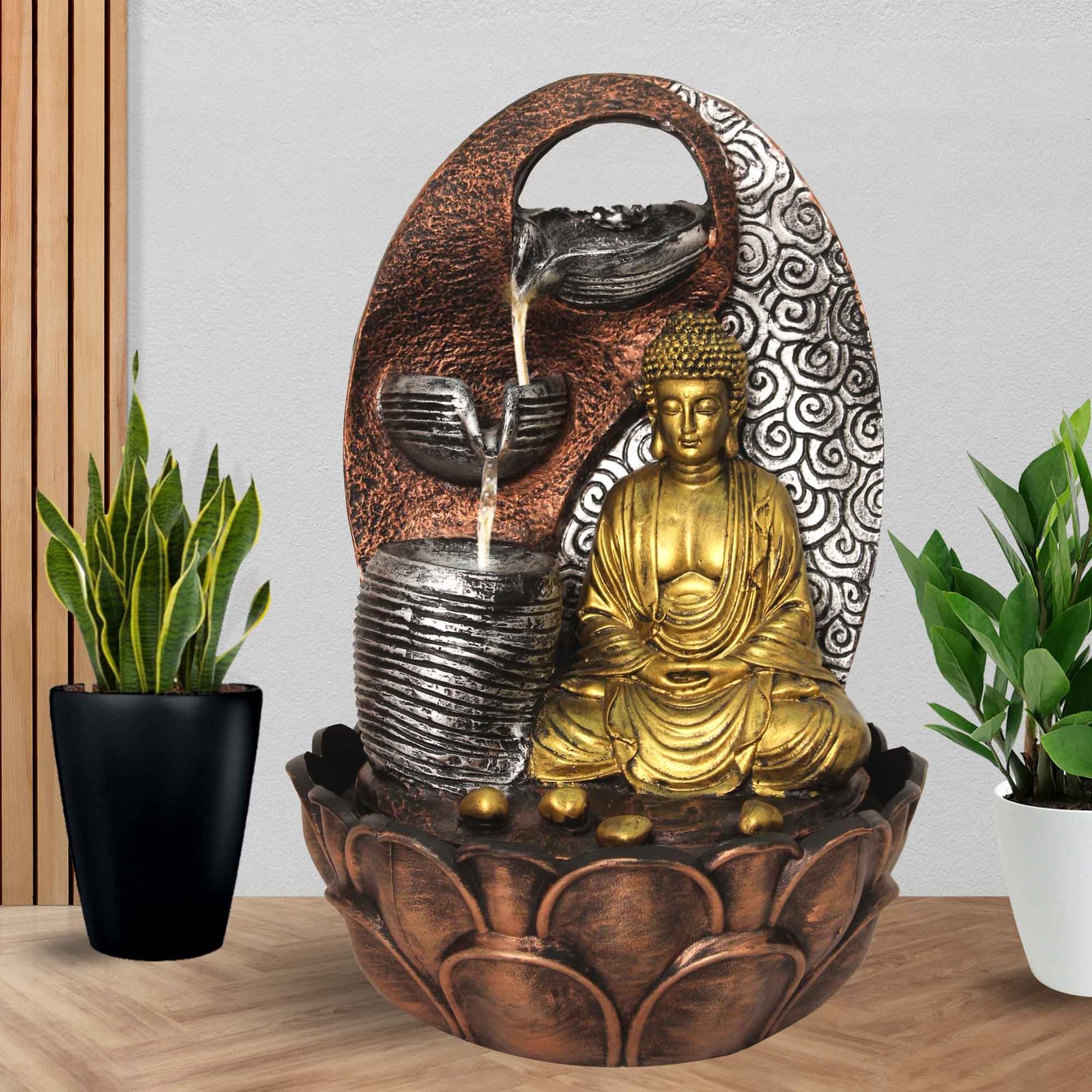 Mahatma Buddh corner waterfall home dcor Fountain With Led Light - Metalic Antique Finish 41 cm G57GX0050MGAMX
