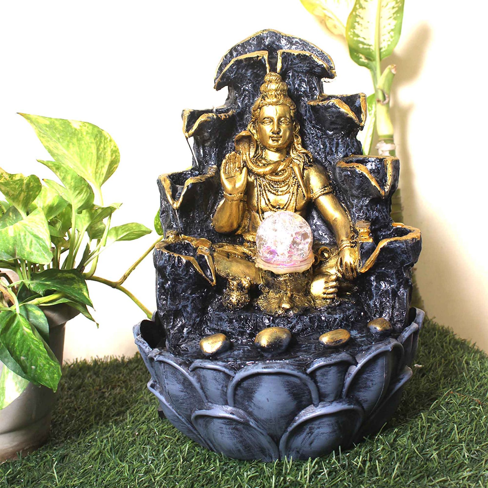Lord Shiv at Mountain desktop water fountain With Led Light & Crystal Ball - Metalic Antique Finish 38 cm G57GX0051FGAMX