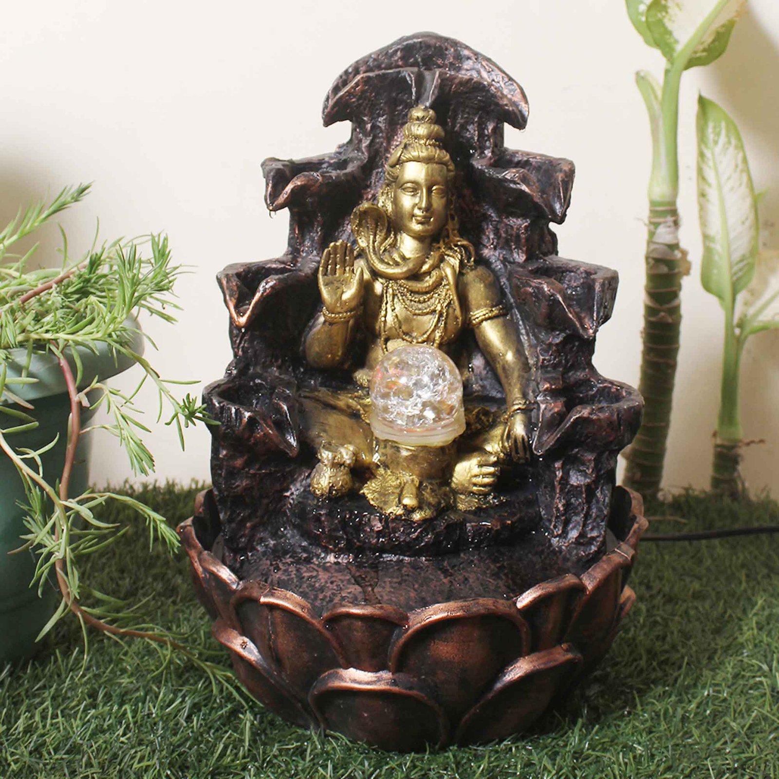Lord Shiv at Mountain desktop water fountain With Led Light & Crystal Ball - Metalic Antique Finish 38 cm G57GX0051MGAMX