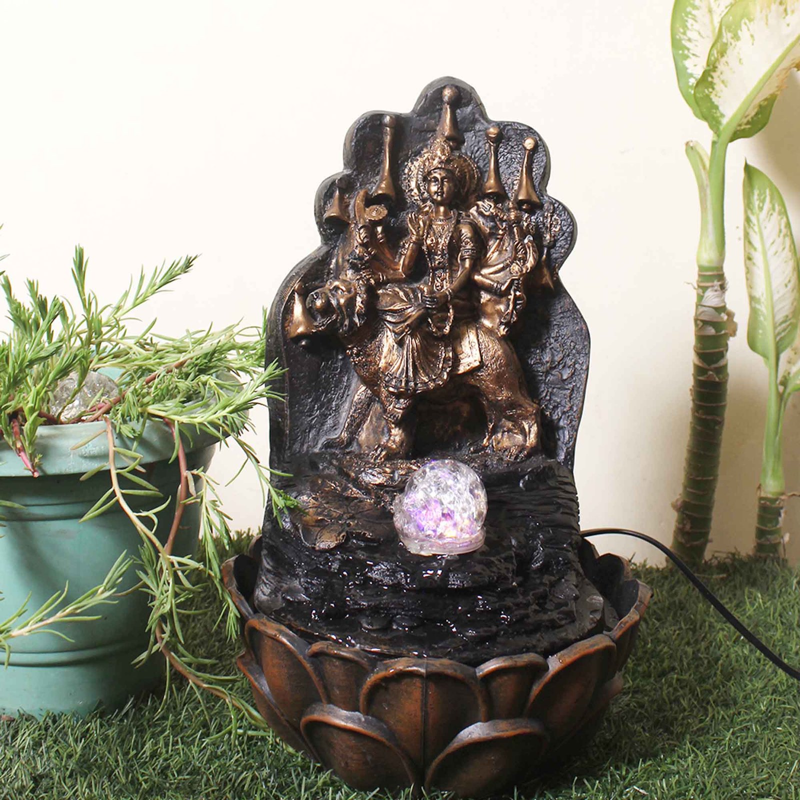 Devi Durga Maa feng shui water fountain in living room With Led Light & Crystal Ball - Metalic Antique Finish 41 cm G57GX0052AGAMX
