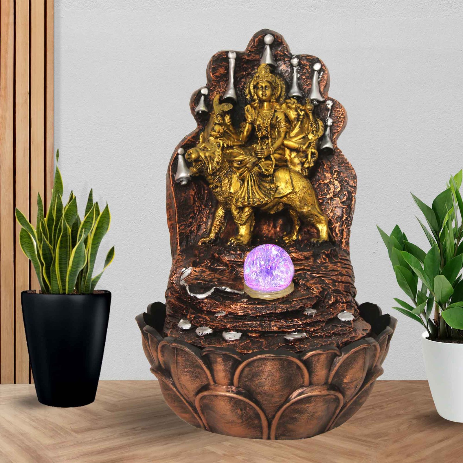 Devi Durga Maa Water Fountain for home decoration With Led Light & Crystal Ball - Metalic Antique Finish 41 cm G57GX0052MGAMX