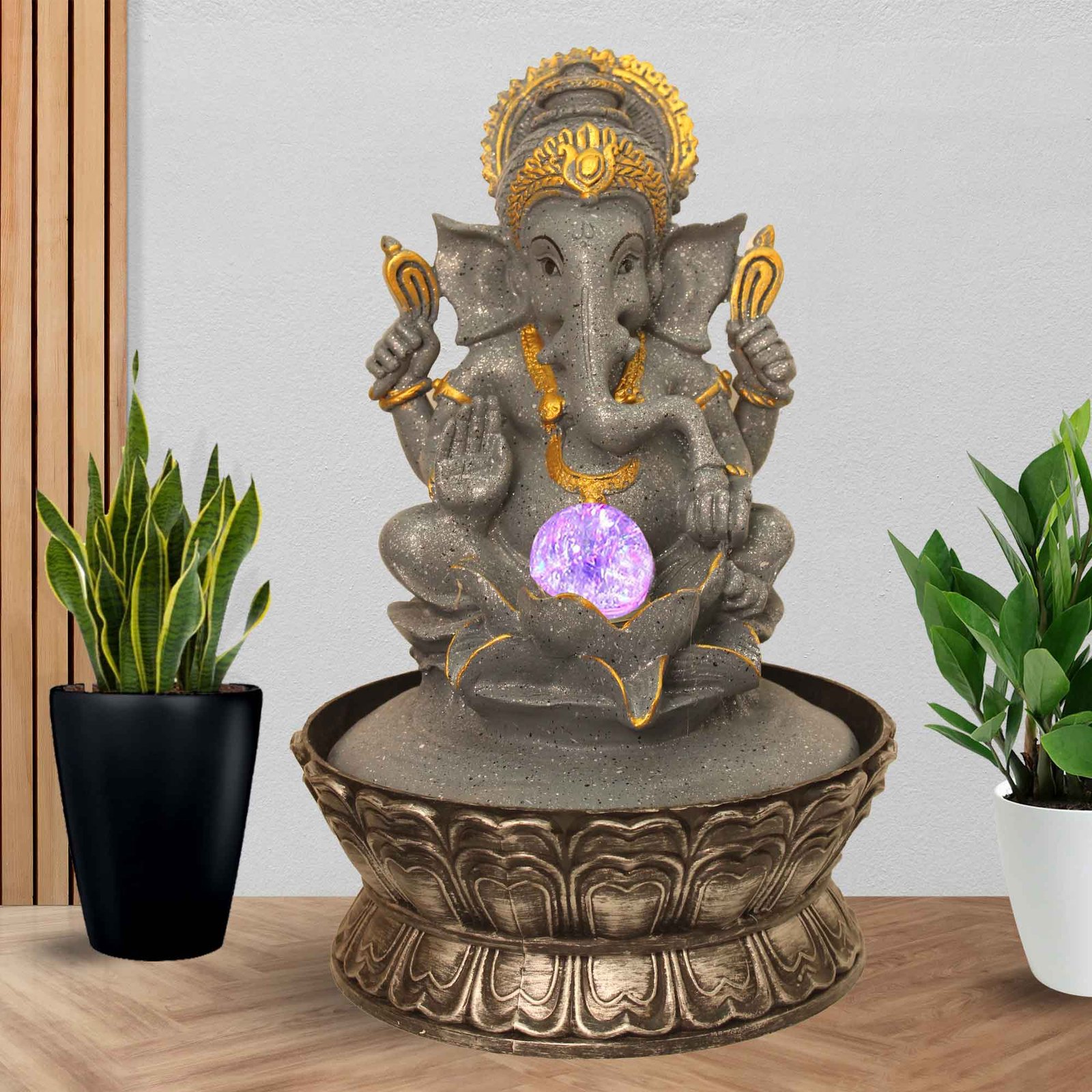 Blessing Ganesha on Lotus Water Fountain showpiece With Led Light & Crystal Ball - sandstone Finish 41 cm G57GX0053FGDMX