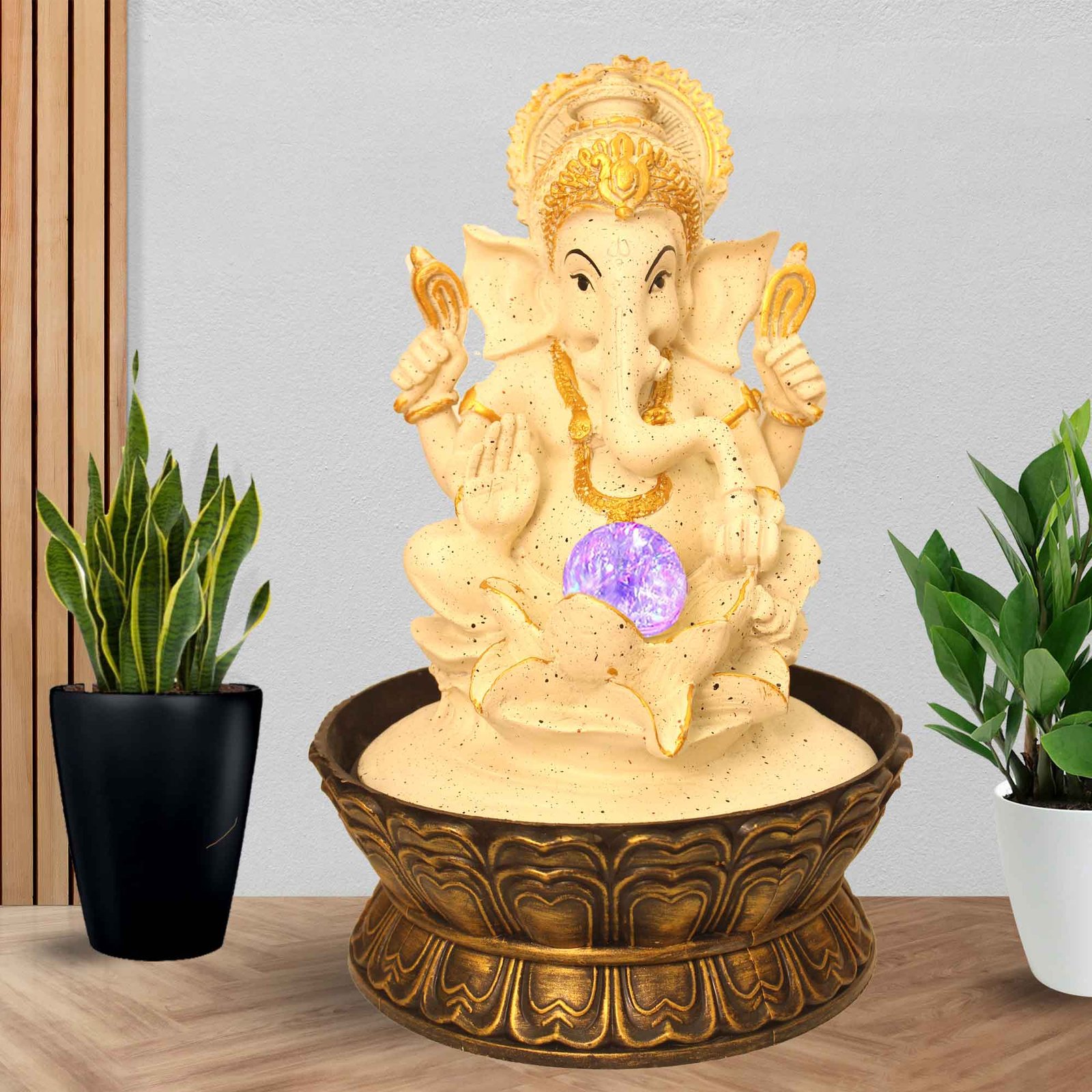 Blessing Ganesha on Lotus Water Fountain for terrace garden With Led Light & Crystal Ball - sandstone Finish 41 cm G57GX0053IGDMX