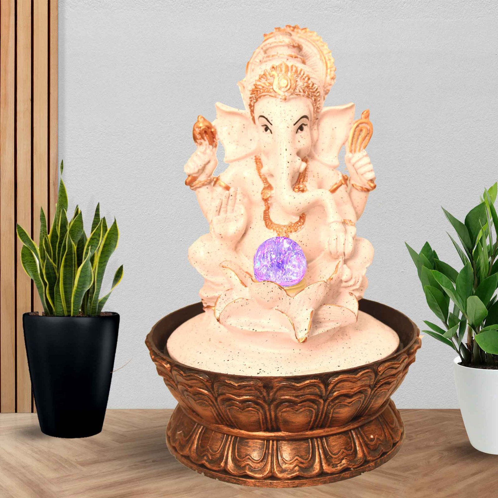 Blessing Ganesha on Lotus Water Fountain for living room With Led Light & Crystal Ball - sandstone Finish 41 cm G57GX0053PCDMX