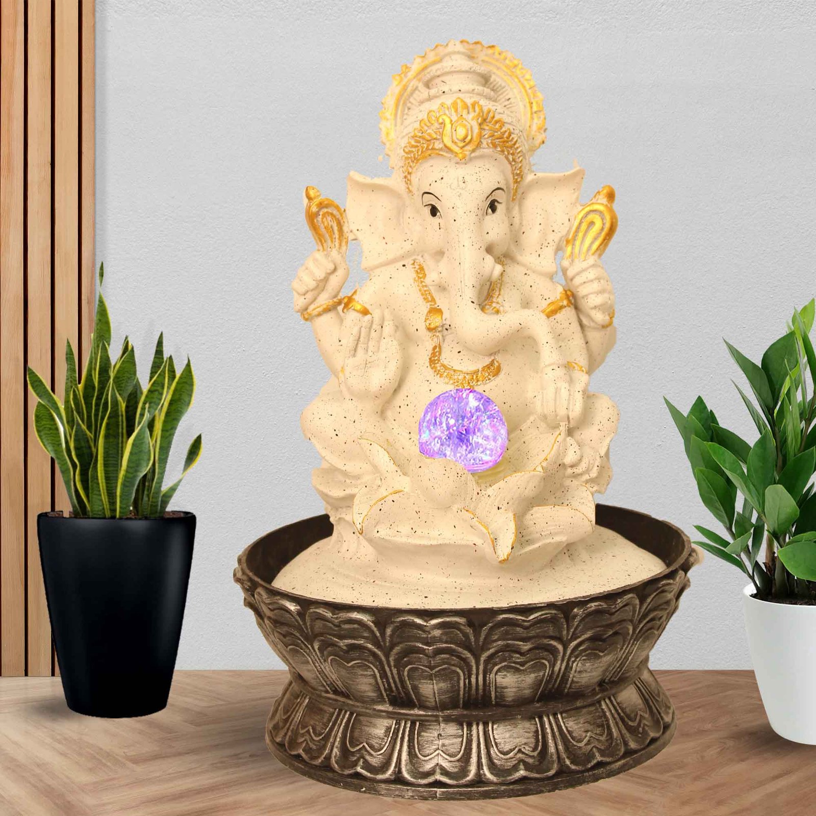 Blessing Ganesha on Lotus Water Fountain for home indoor With Led Light & Crystal Ball - sandstone Finish 41 cm G57GX0053WGDMX
