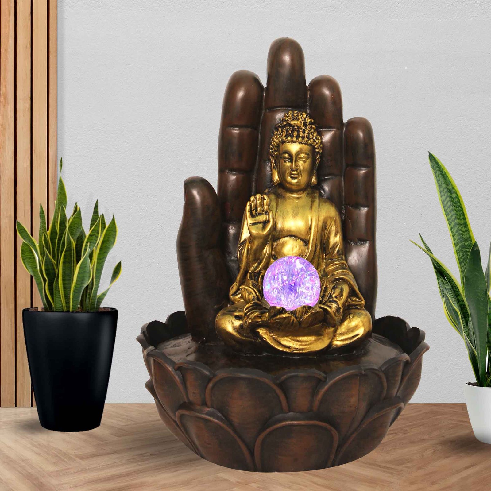 Palm Buddha interior fountain With Led Light & Crystal Ball - Metalic Antique Finish 38 cm G57GX0057AGAMX