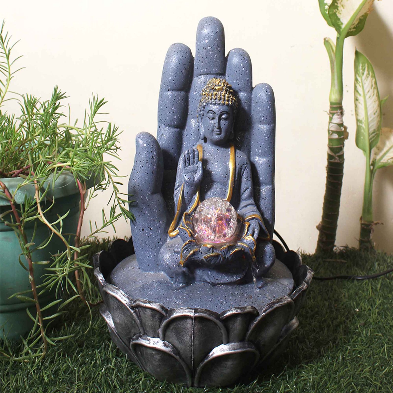 Hand Buddha inhouse water fountain With Led Light & Crystal Ball - sandstone Finish 38 cm G57GX0057FGDMX