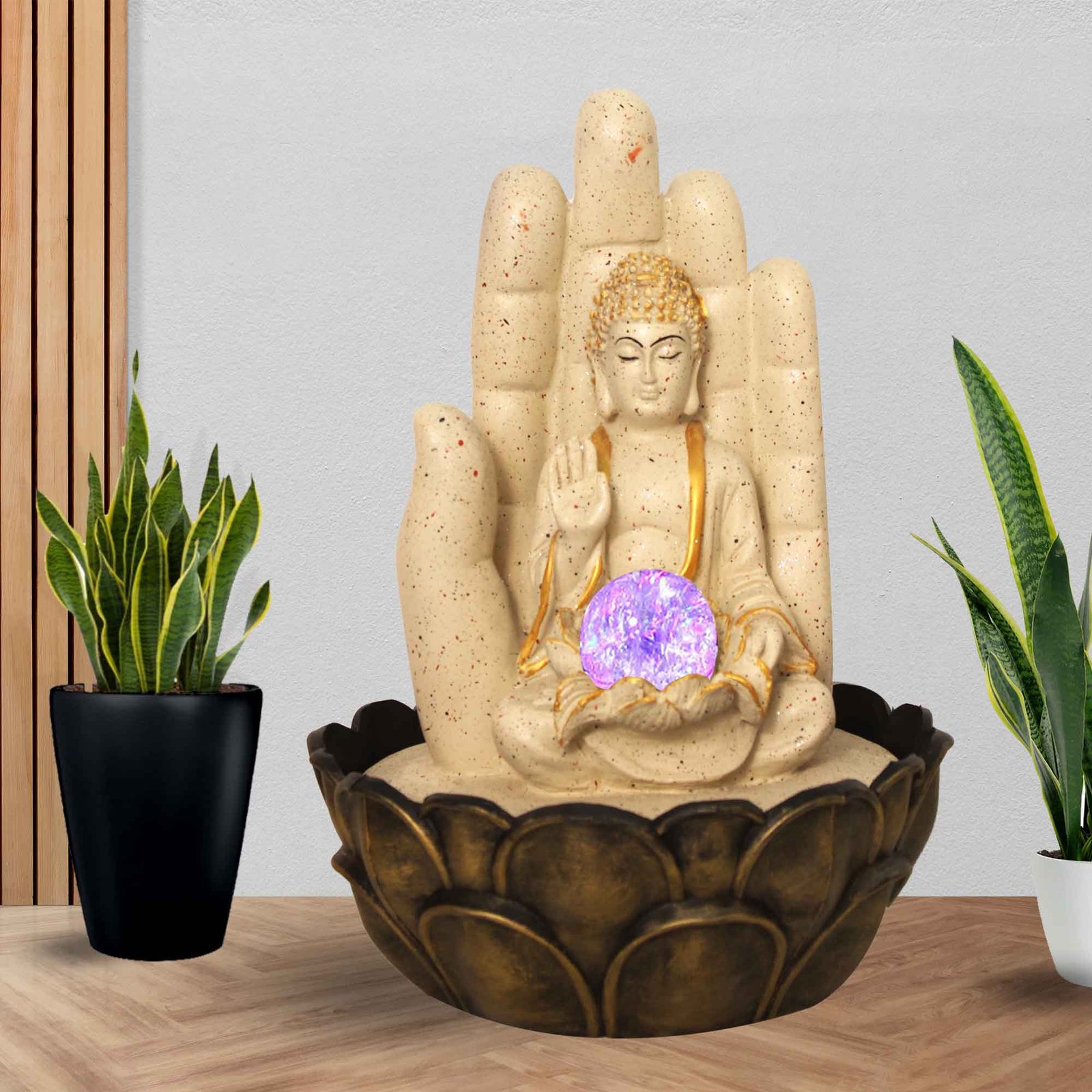 Panja Buddha indoor waterfall fountain With Led Light & Crystal Ball - sandstone Finish 38 cm G57GX0057IGDMX