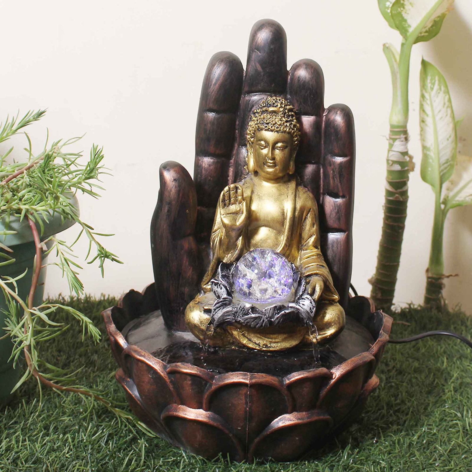 Hand Buddha interior waterfall With Led Light & Crystal Ball - Metalic Antique Finish 38 cm G57GX0057MGAMX