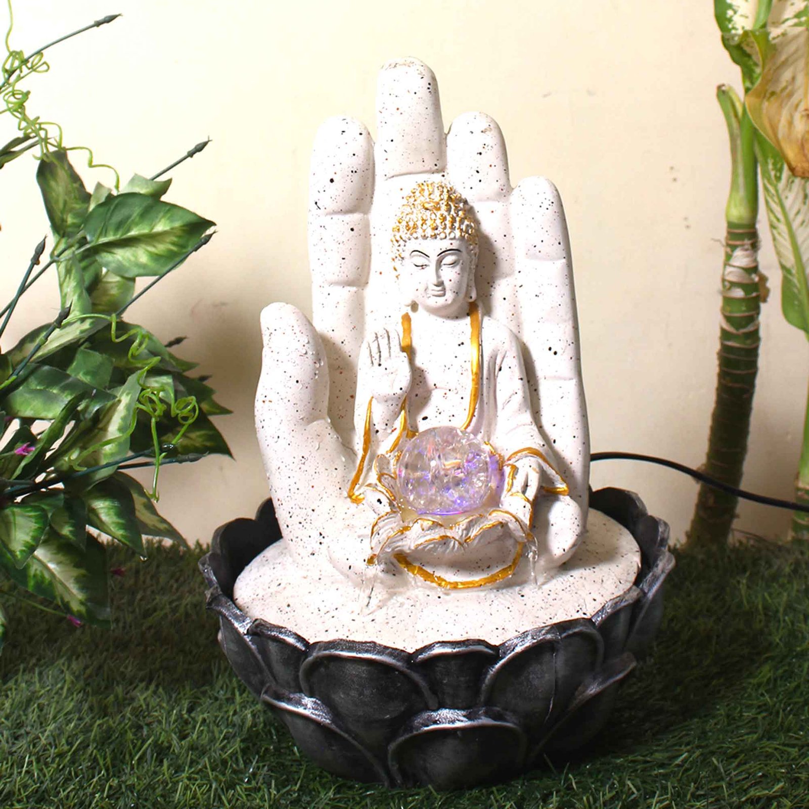 Palm Buddha indoor waterfall With Led Light & Crystal Ball - sandstone Finish 38 cm G57GX0057WGDMX