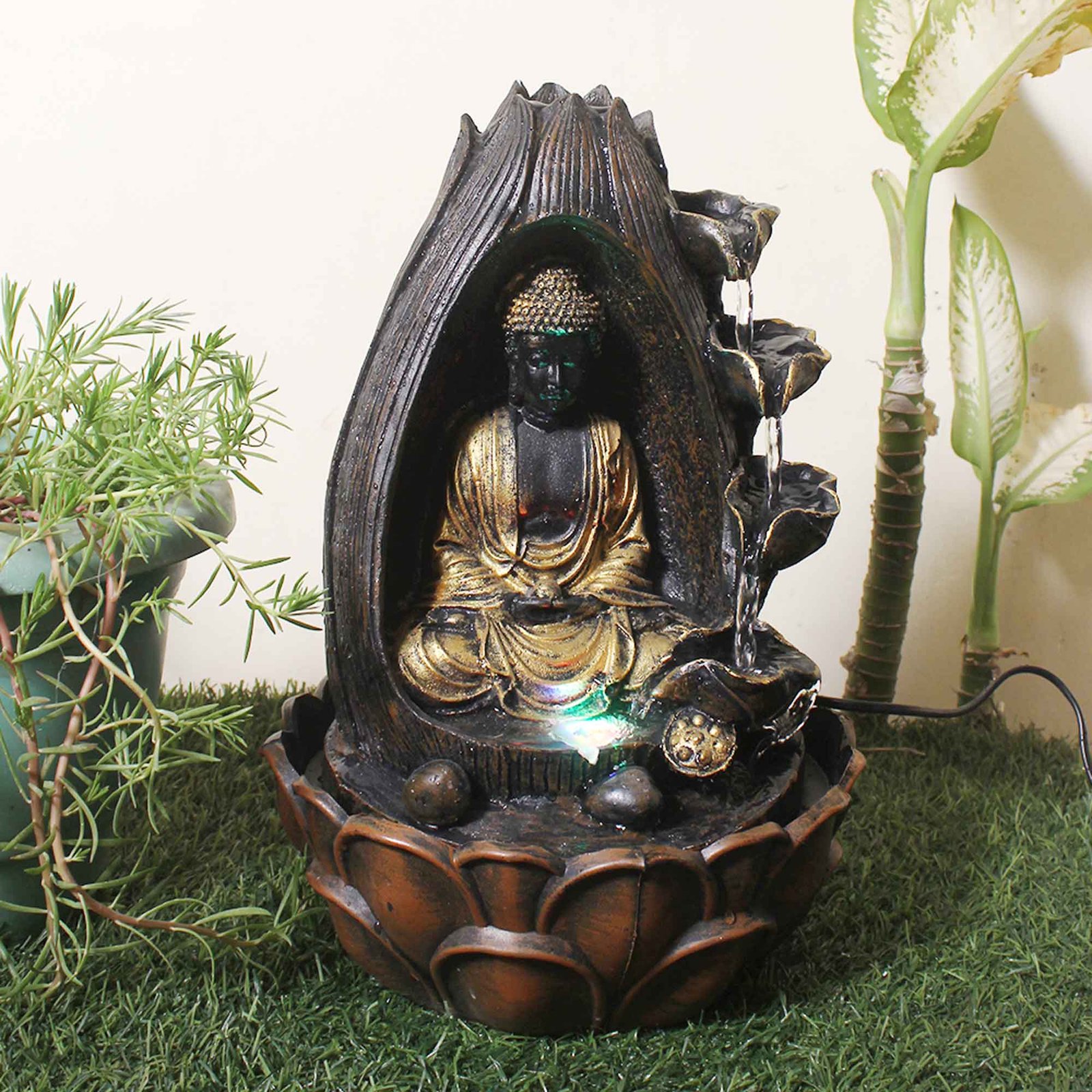 lotus Buddha small garden fountain With Led Light - Metalic Antique Finish 39 cm G57GX0159AGAMX